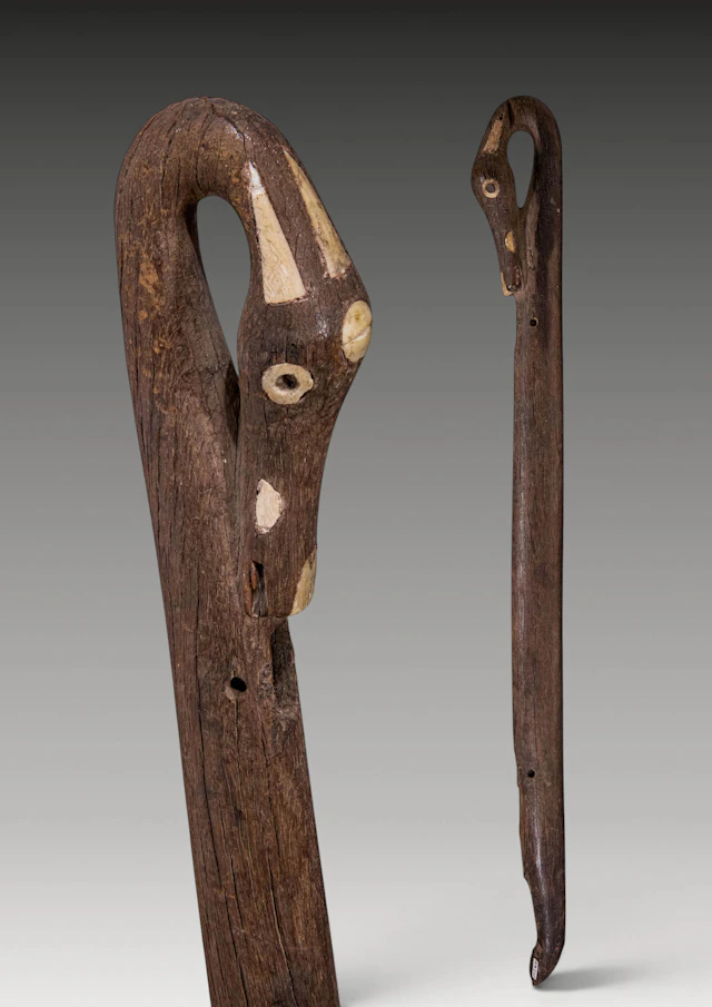 EGYPTIAN WOODEN STICK WITH DUCK HEAD FINIAL AND BONE INLAYS