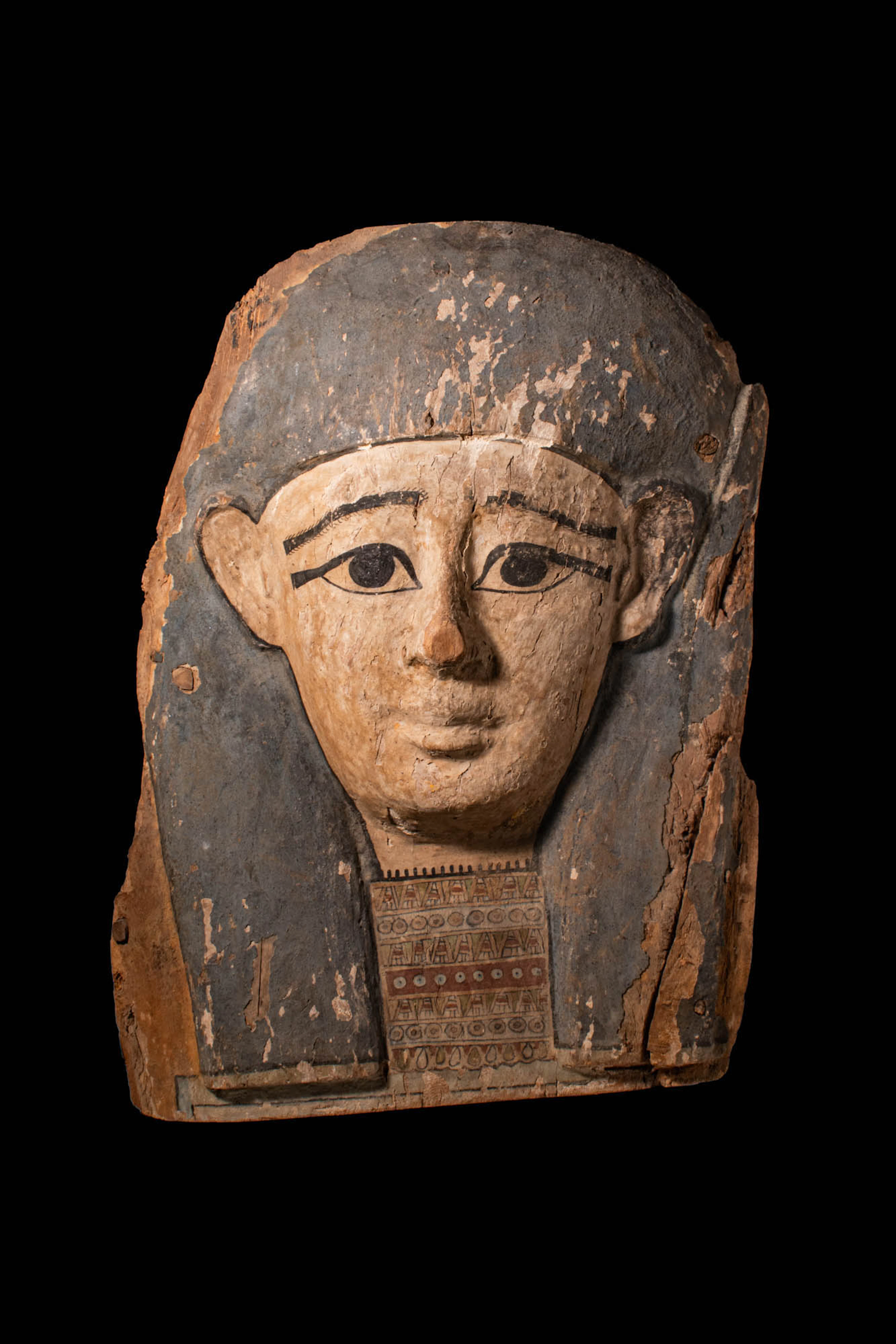 LARGE EGYPTIAN PAINTED SARCOPHAGUS PANEL WITH MASK
