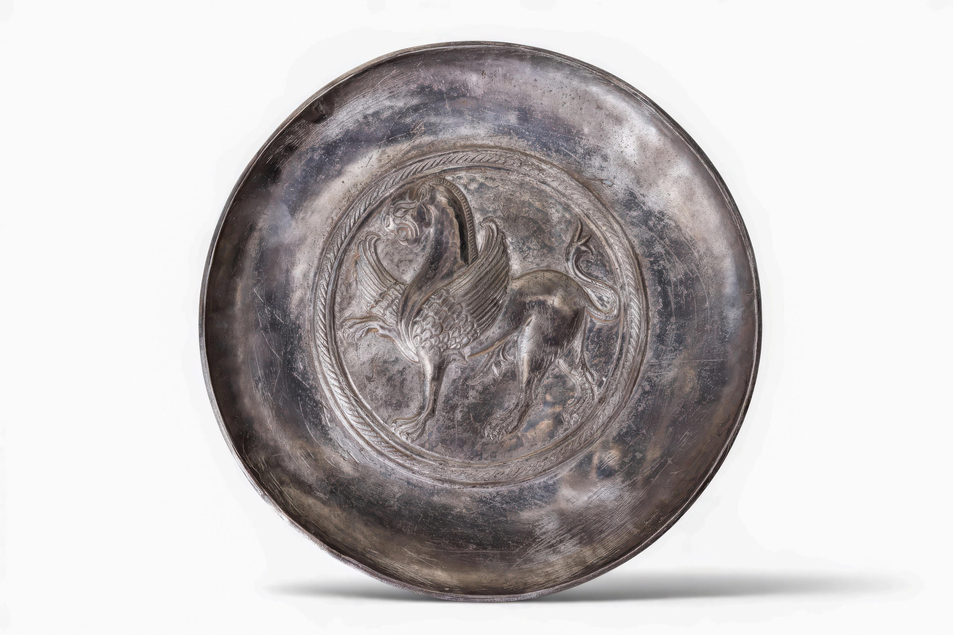 GREEK PERIOD SOLID SILVER SHALLOW BOWL WITH GRIFFON
