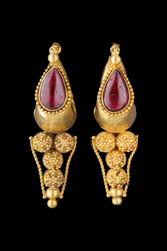 MATCHED PAIR OF GREEK GOLD FILIGREE EARRINGS WITH GARNETS