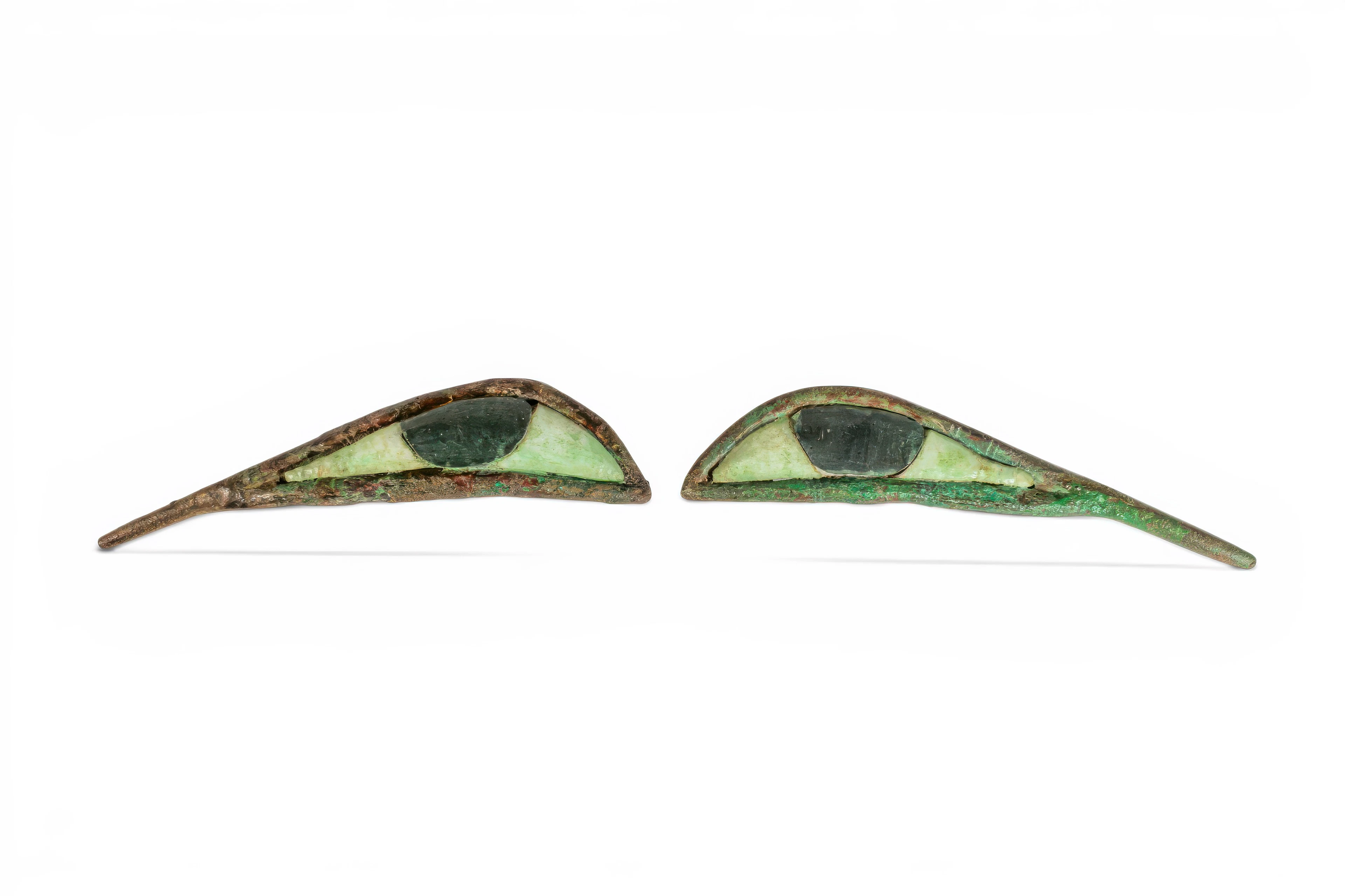 PAIR OF EGYPTIAN BRONZE AND STONE SARCOPHAGUS EYES