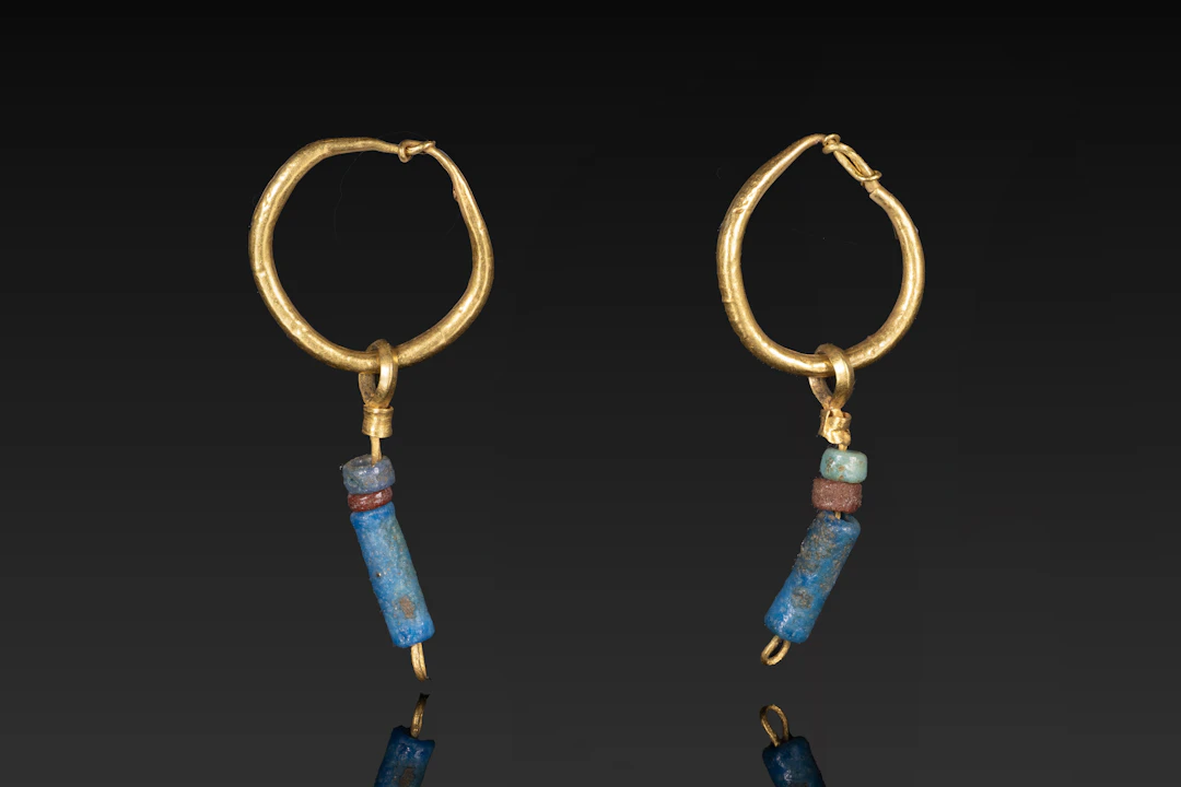 MATCHED PAIR OF EGYPTIAN GOLD AND FAIENCE EARRINGS WITH DANGLES