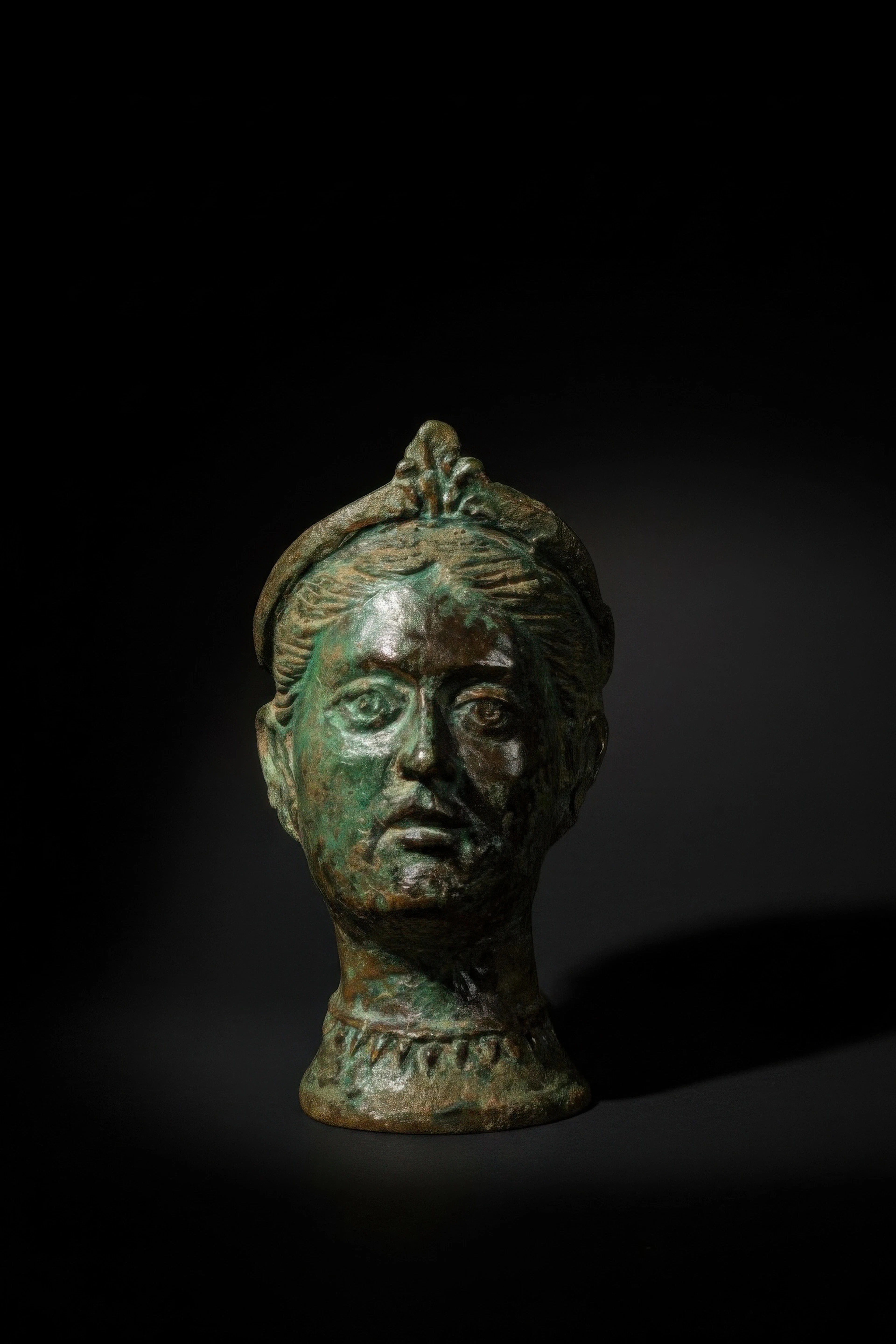 RARE ETRUSCAN BRONZE BALSAMARIUM IN THE FORM OF A NOBLEWOMAN'S BUST