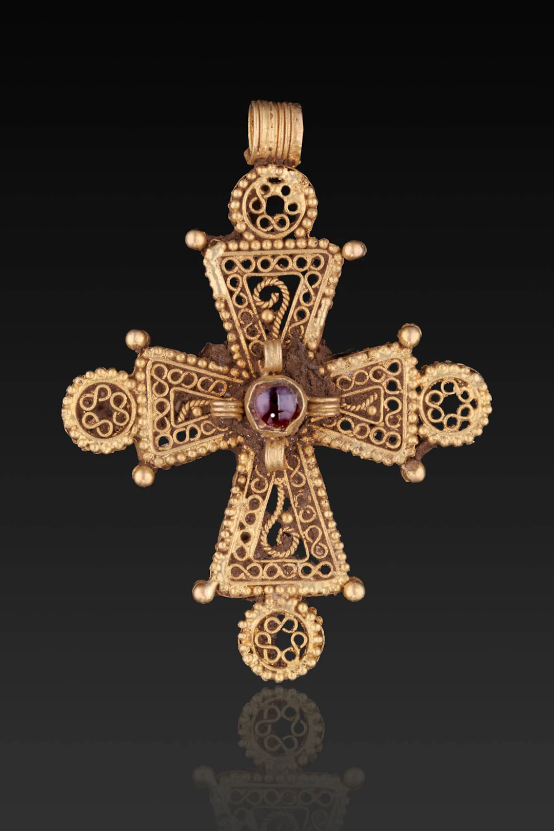 RARE BYZANTINE OPENWORK GOLD CROSS PENDANT WITH GARNET