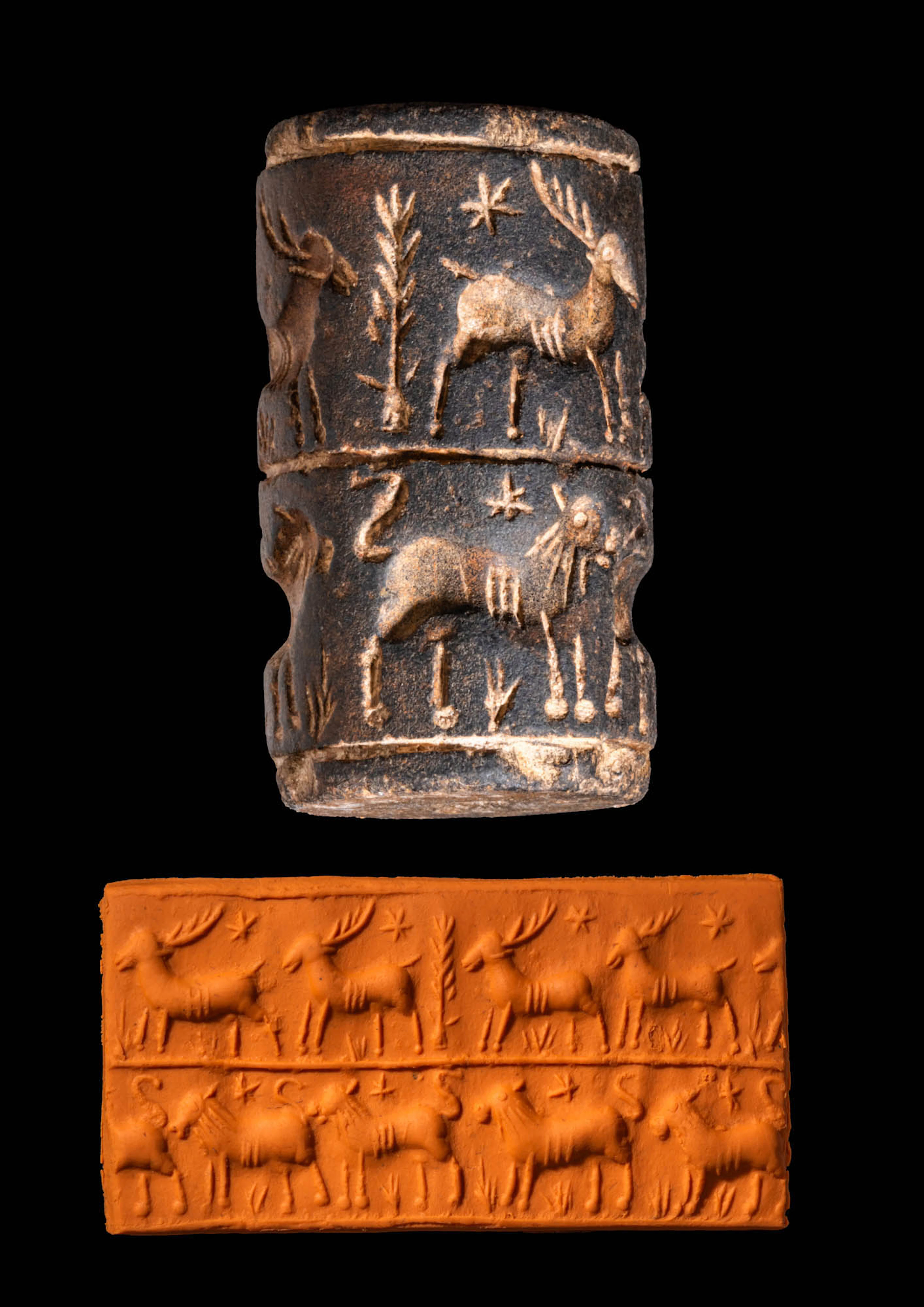 OLD ELAMITE BLACK STONE CYLINDER SEAL WITH ANIMALS