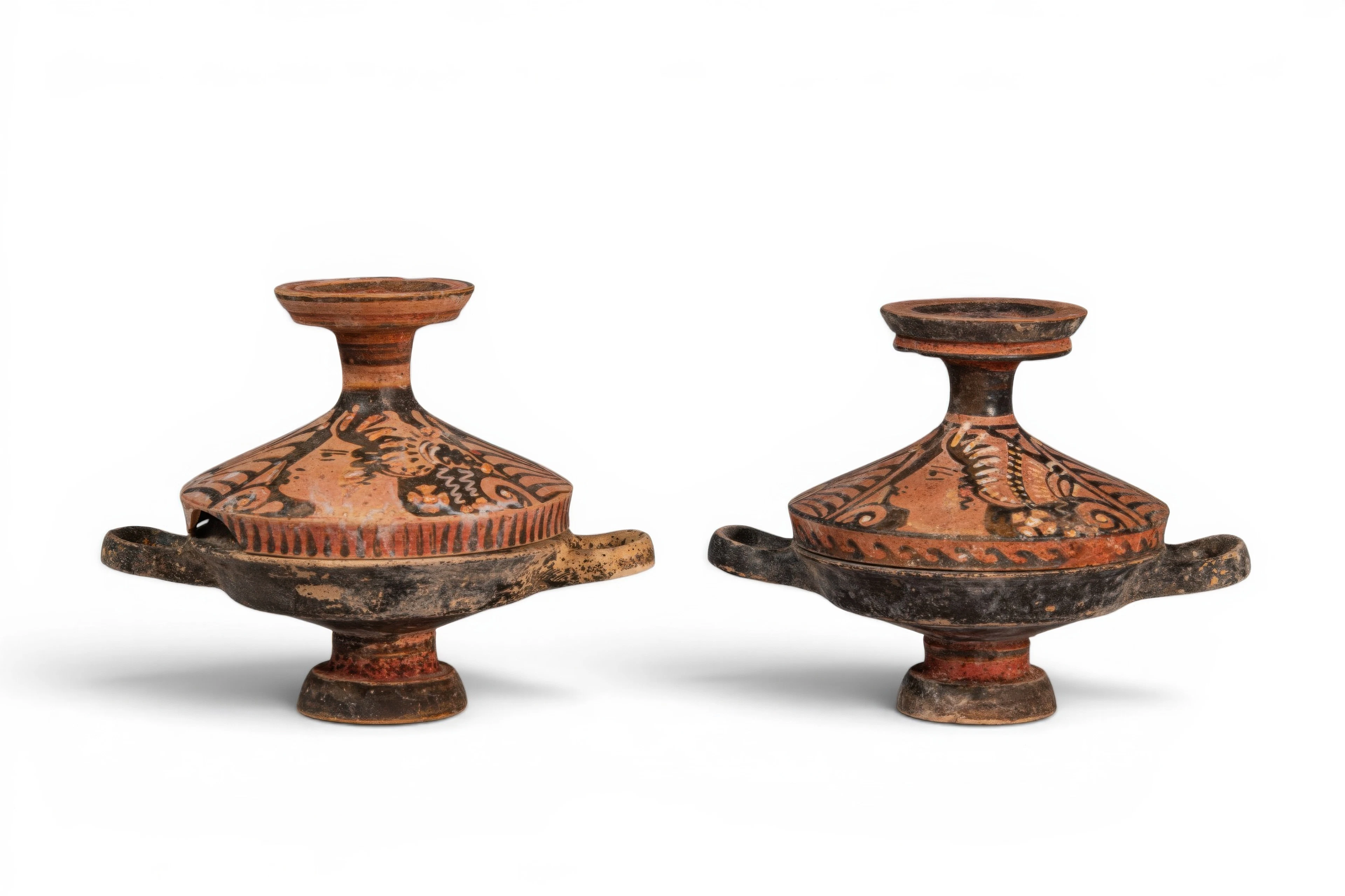 PAIR OF APULIAN TERRACOTTA LEKANIDES WITH LADIES OF FASHION