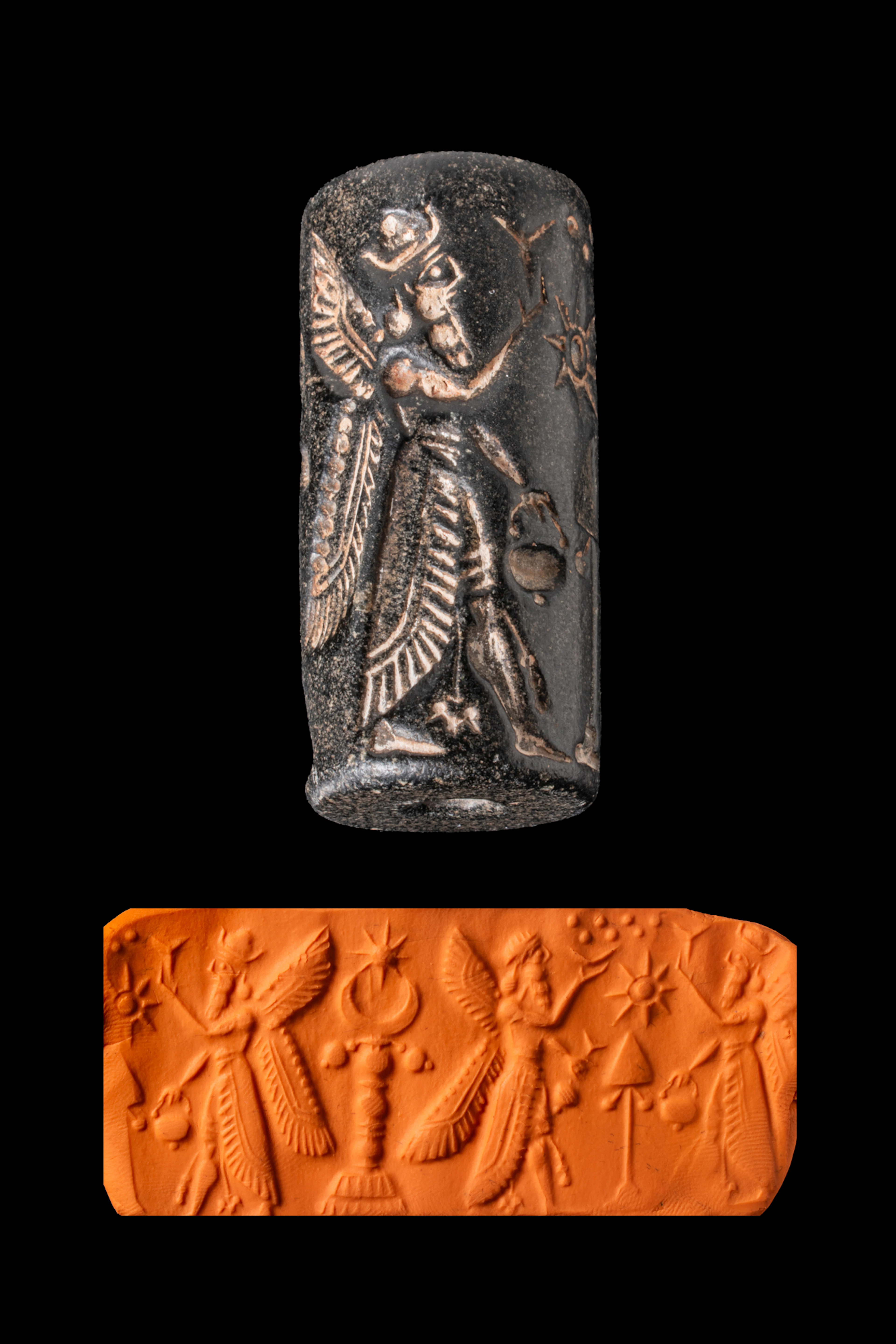 NEO BABYLON BALCK STONE CYLINDER SEAL WITH LUNAR STANDARD