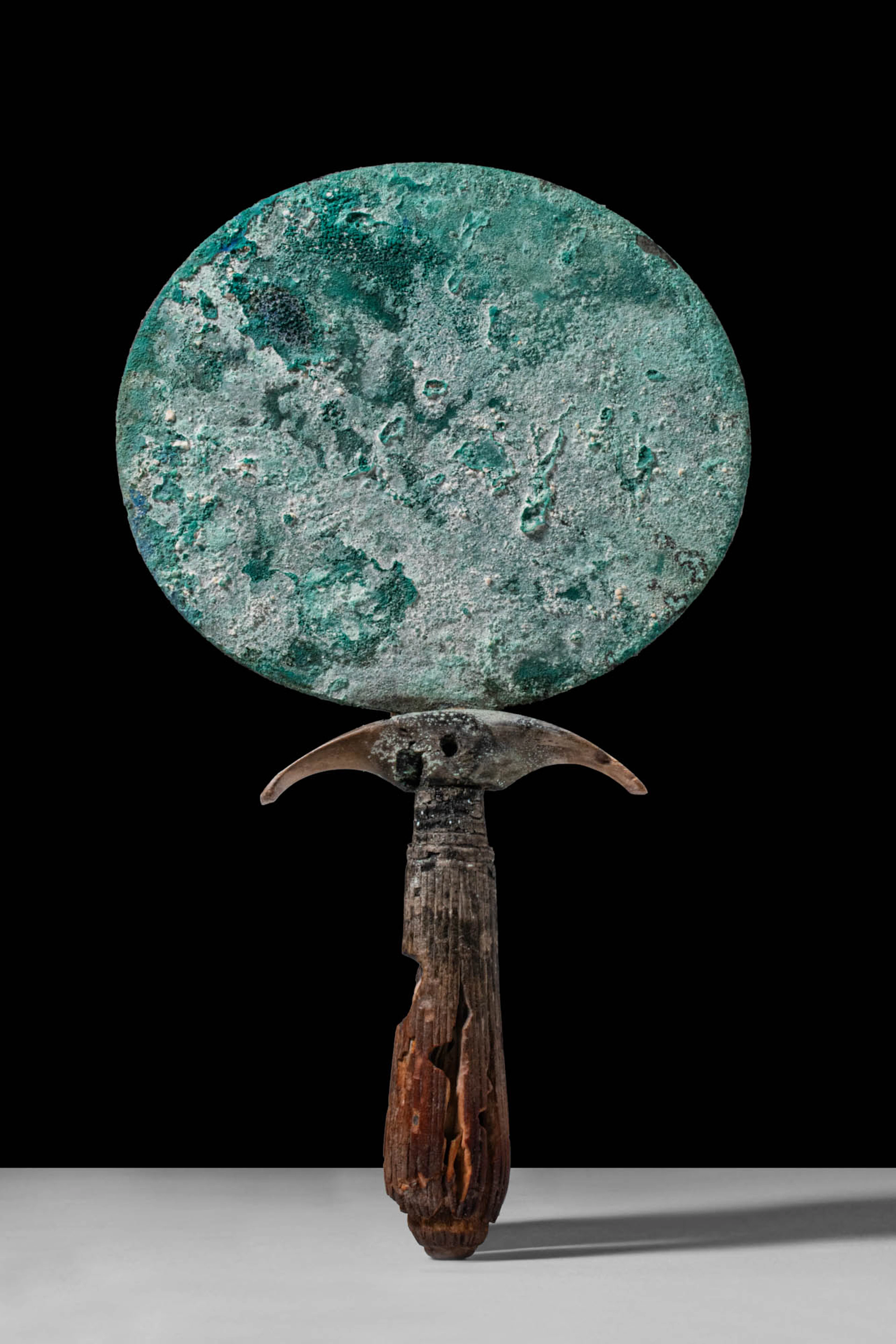 EGYPTIAN BRONZE MIRROR WITH WOODEN HANDLE