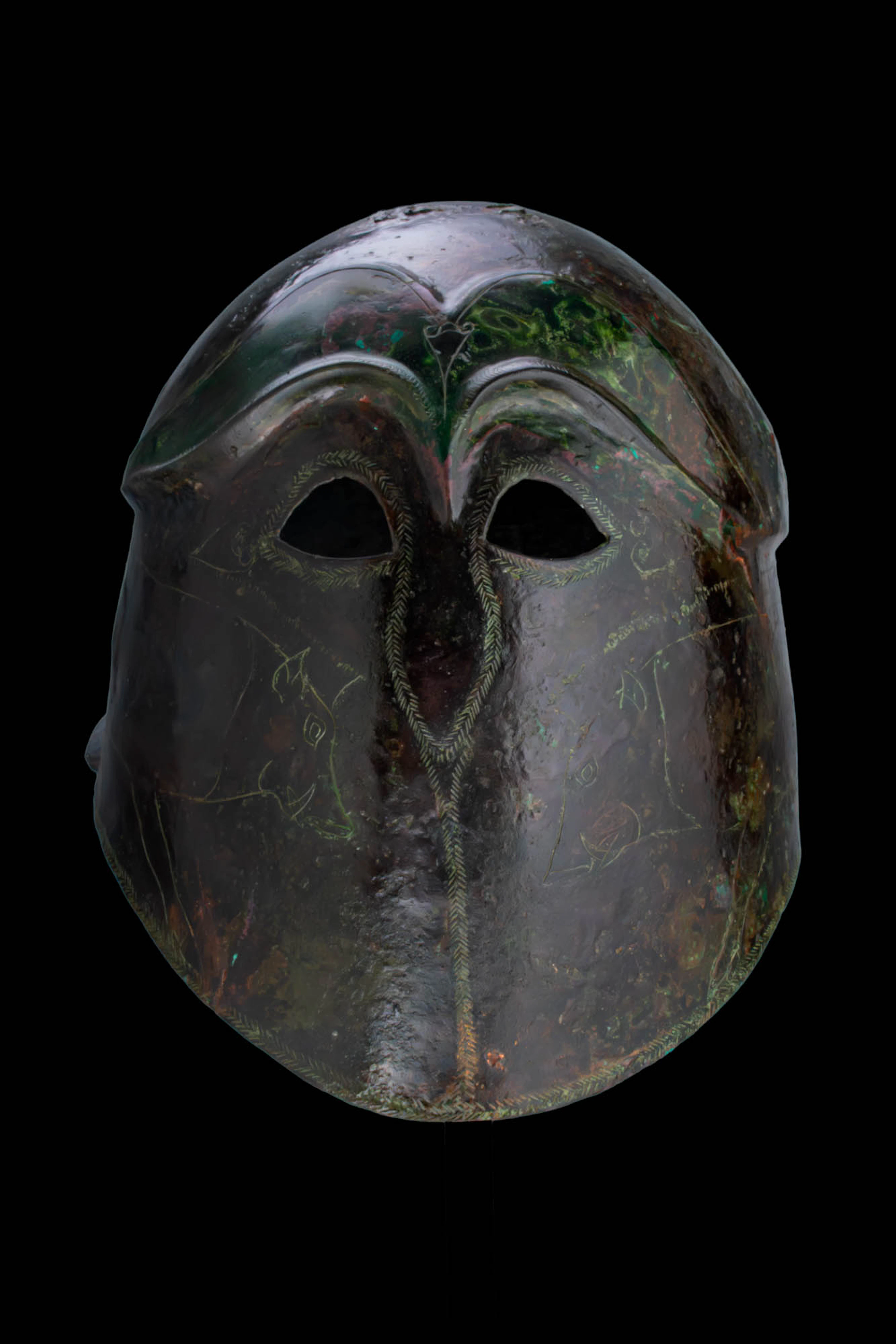 SUPERB CORINTHIAN BRONZE HELMET WITH INCISED WILD BOARS - ex. Axel Guttmann
