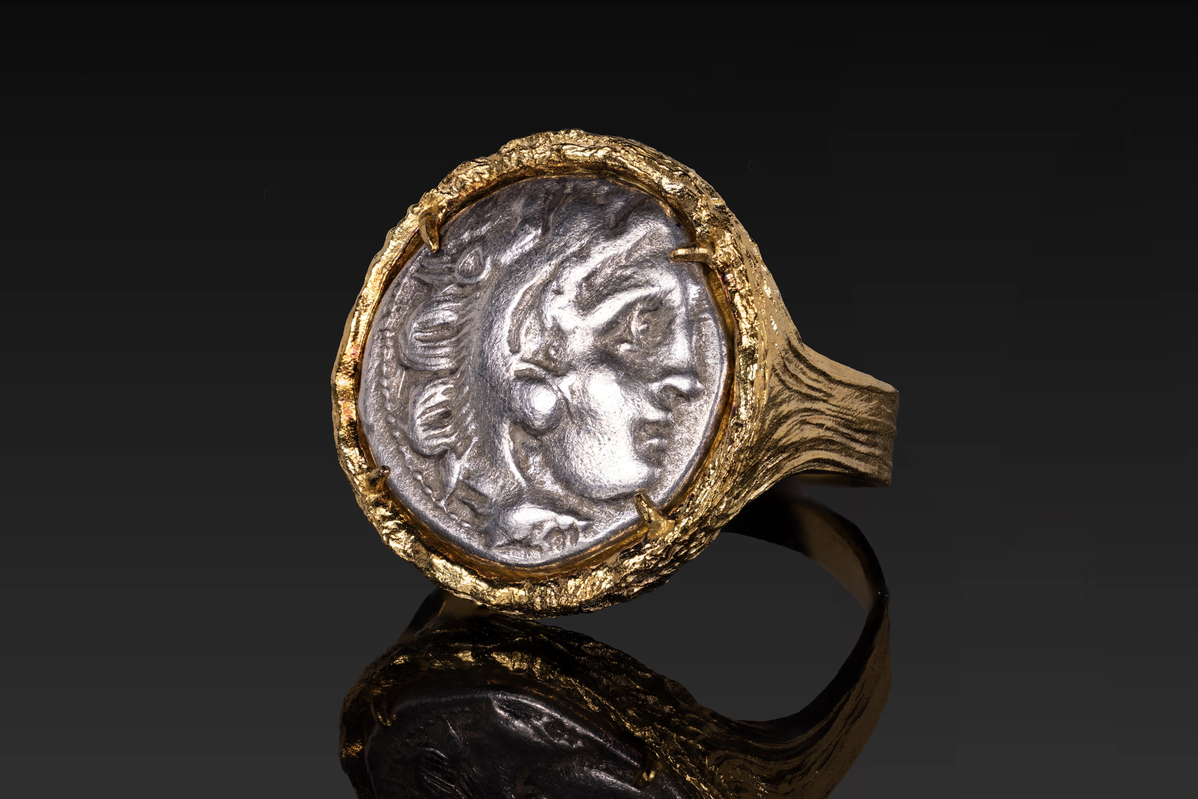 SILVER DRACHM OF ALEXANDER THE GREAT IN GOLD-PLATED STERLING SILVER RING