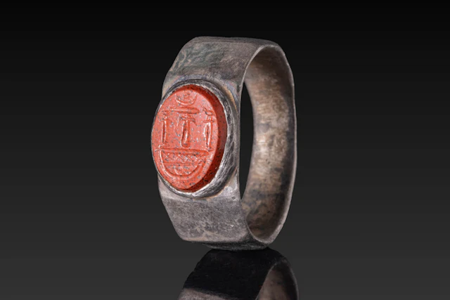 ROMAN RED JASPER INTAGLIO DEPICTING ALTARS UNDER THE SKY IN SILVER RING