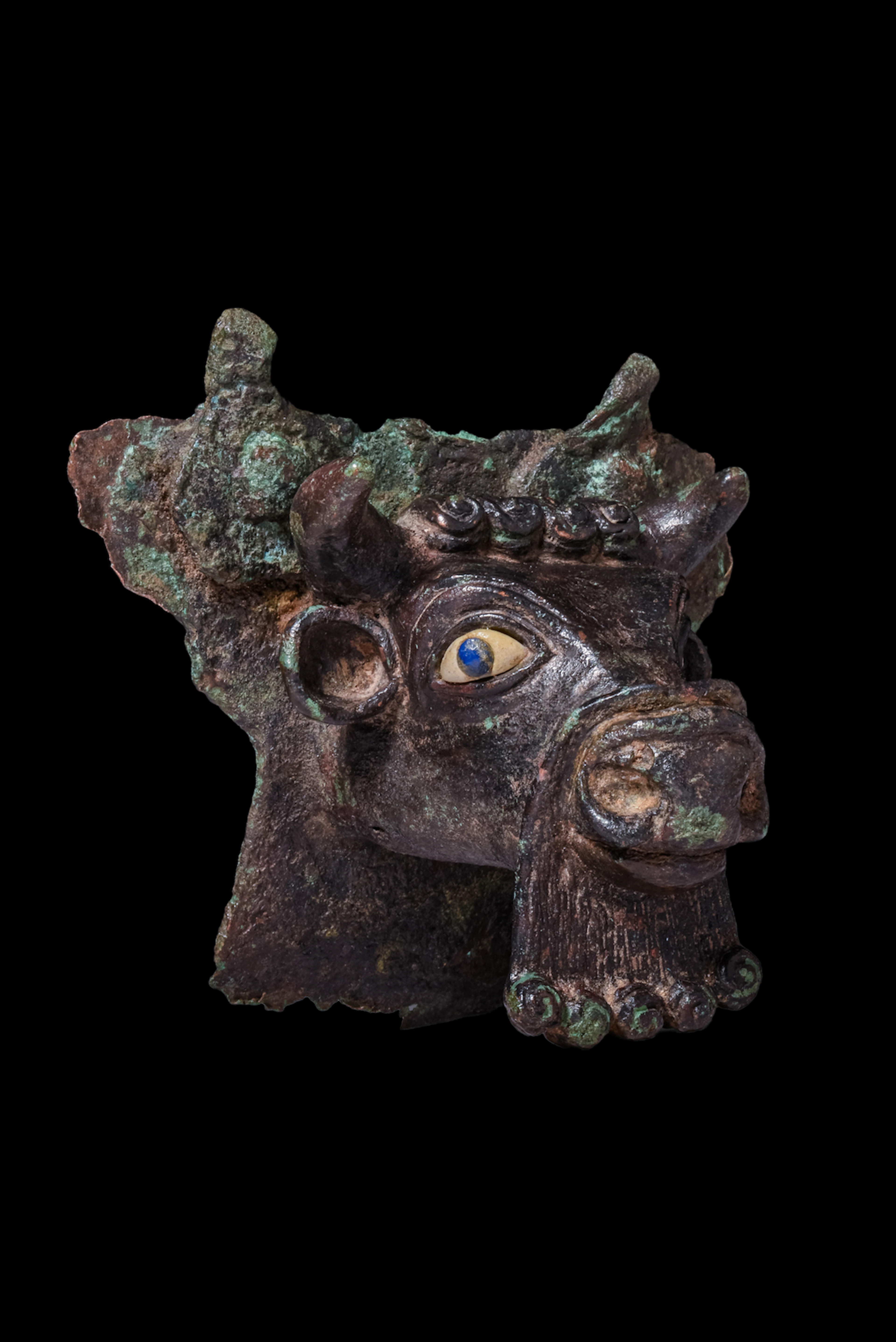 SUPERB SUMERIAN BULL BRONZE PROTOME WITH INLAID EYES