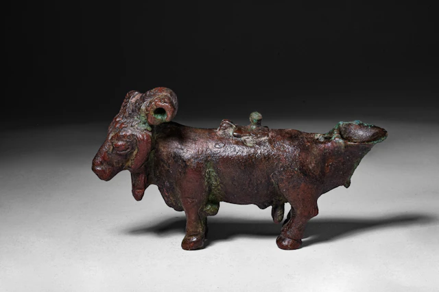 ROMANO-EGYPTIAN BRONZE RAM-SHAPED OIL LAMP