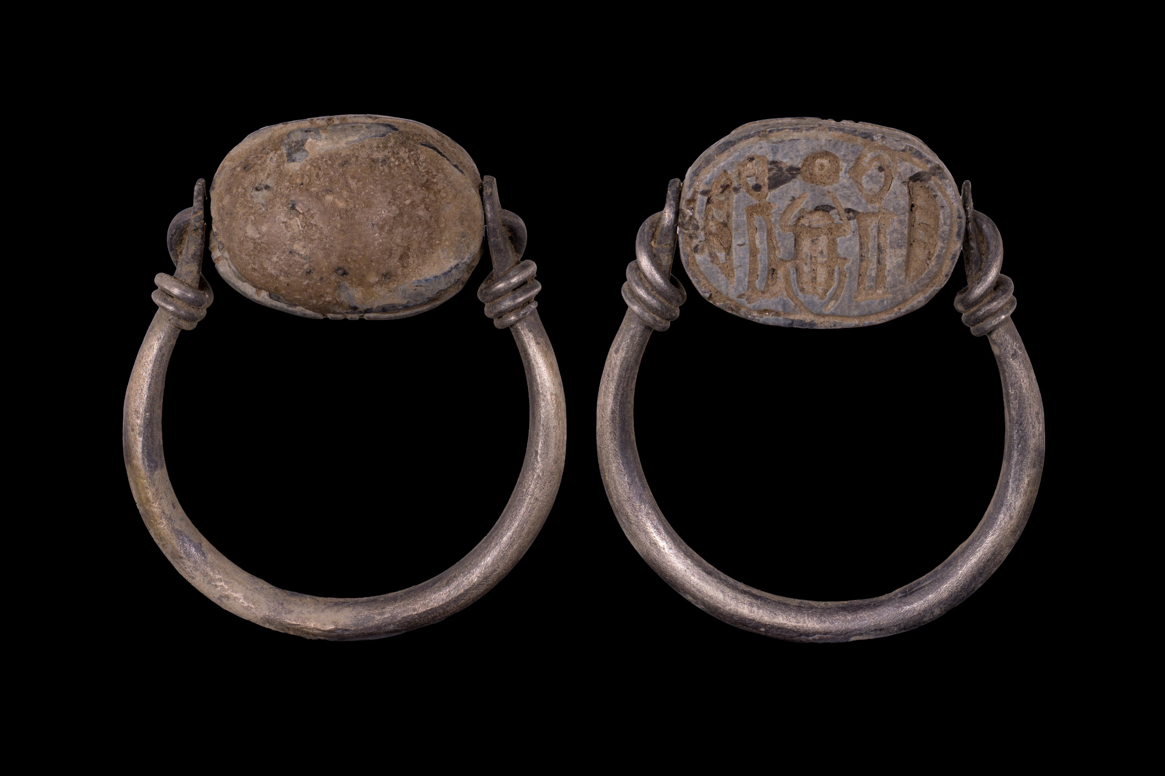 EGYPTIAN FAIENCE SCARAB WITH KHEPRI, PAPYRUS STEMS AND A SOLAR DISC