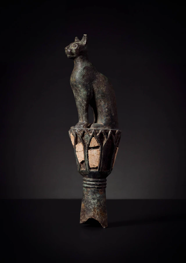 EGYPTIAN BRONZE GODDESS BASTET AS A CAT ON A LOTUS COLUMN