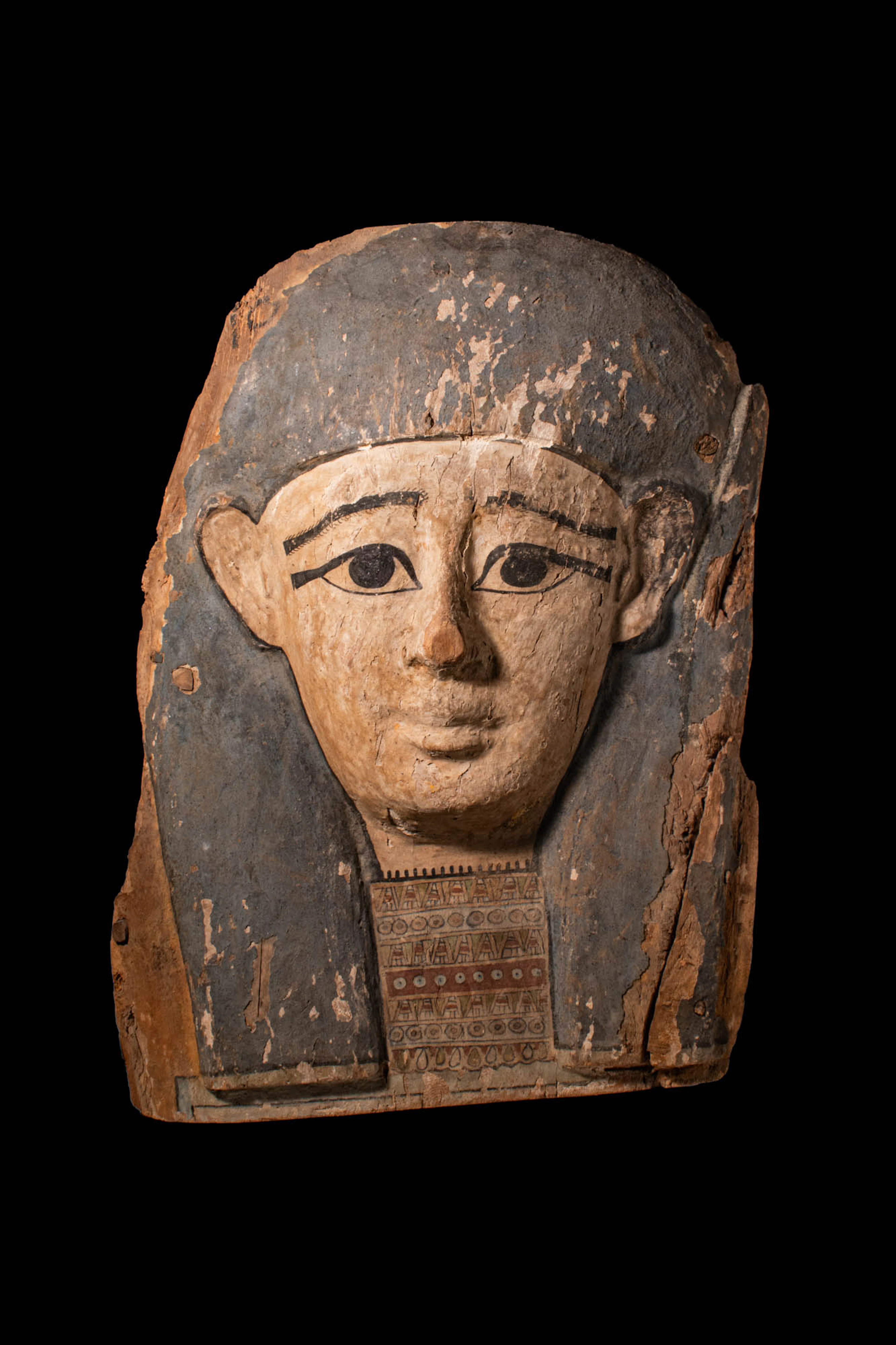 LARGE EGYPTIAN PAINTED SARCOPHAGUS PANEL WITH MASK