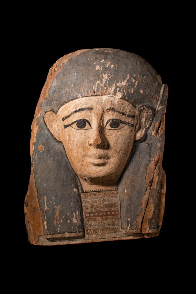 LARGE EGYPTIAN PAINTED SARCOPHAGUS PANEL WITH MASK