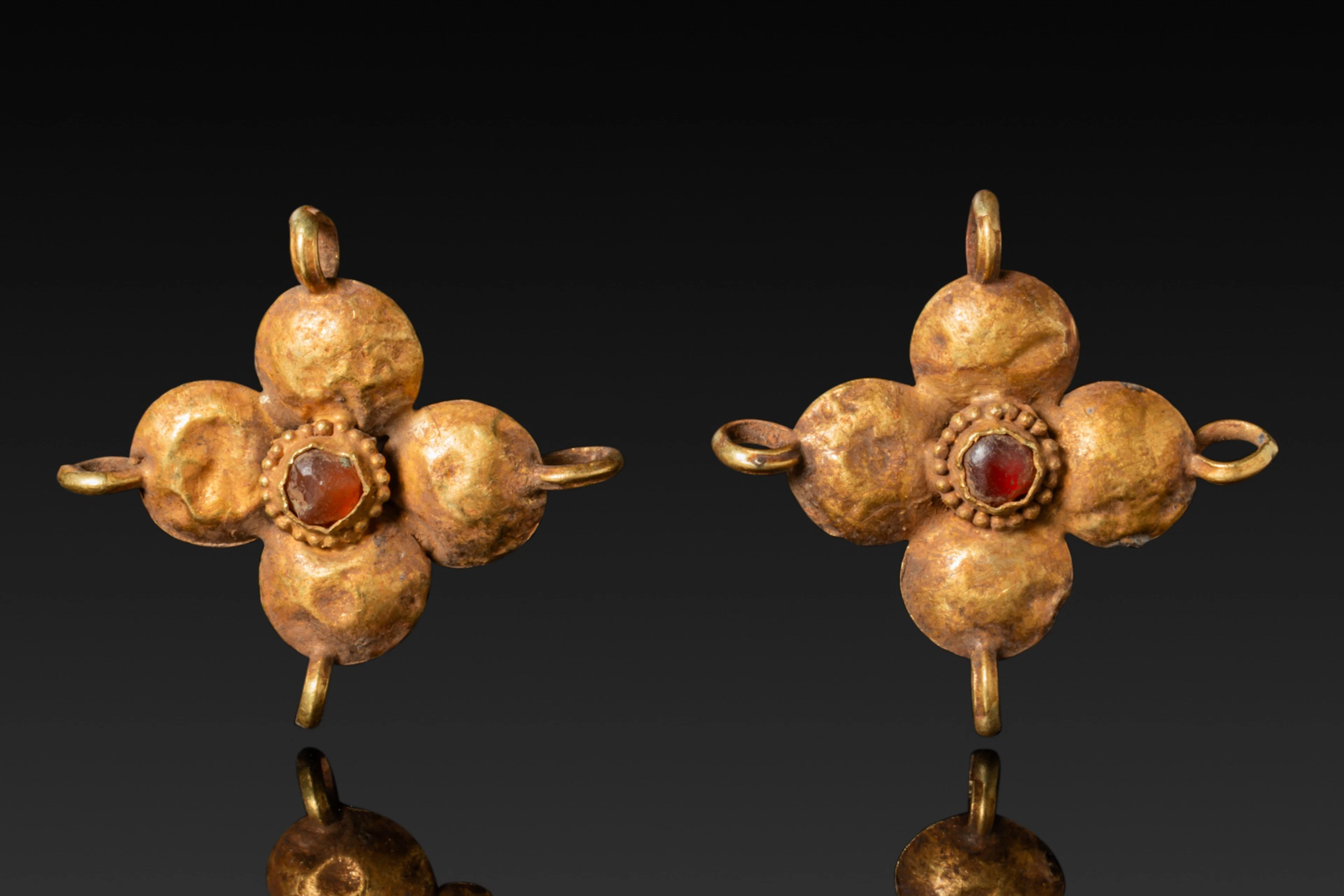 PAIR OF BYZANTINE HIGH KARAT GOLD CROSS-SHAPED PENDANTS WITH GEMSTONES