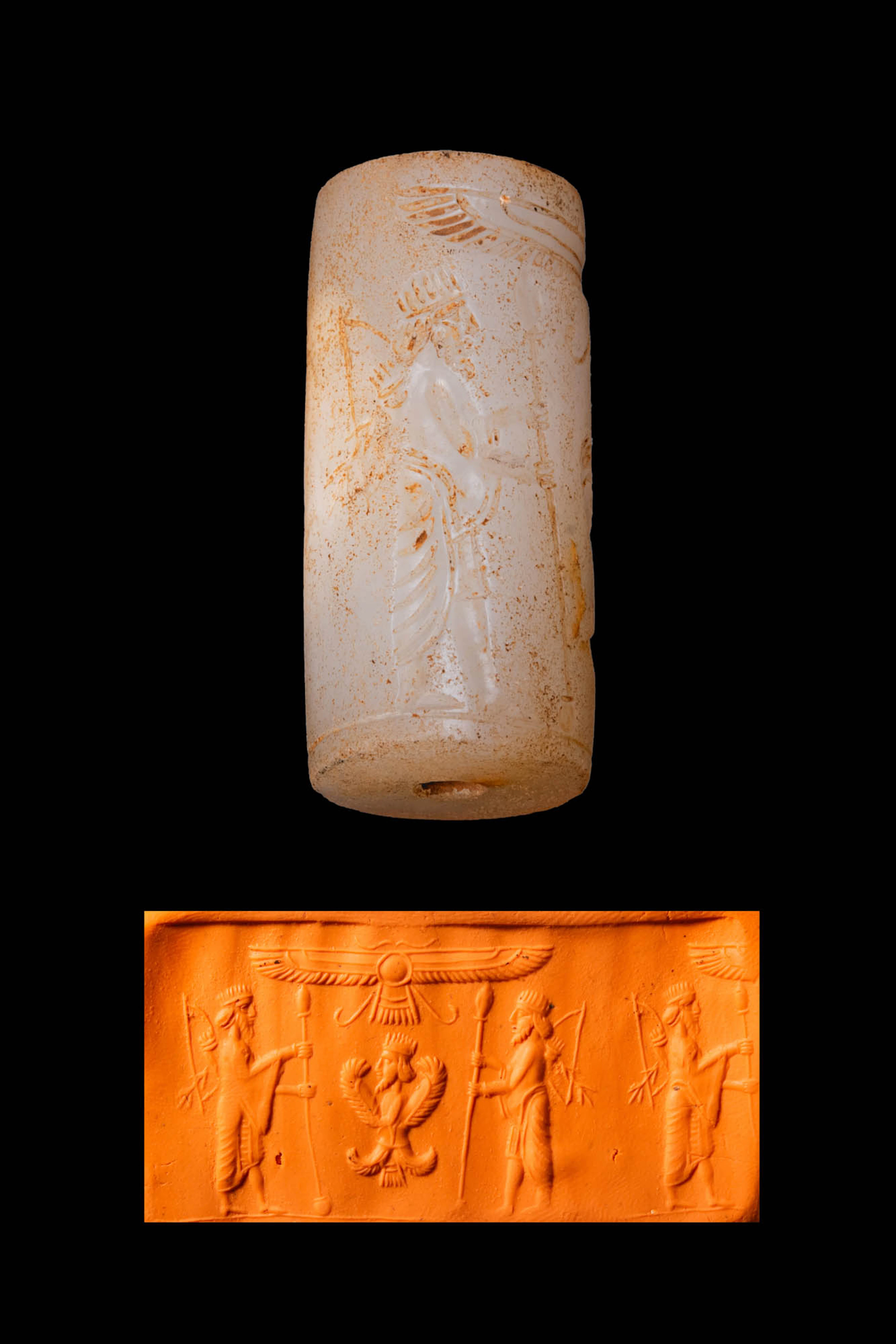 GREEK PERIOD WHITISH STONE CYLINDER SEAL WITH GUARDIAN FIGURES AND