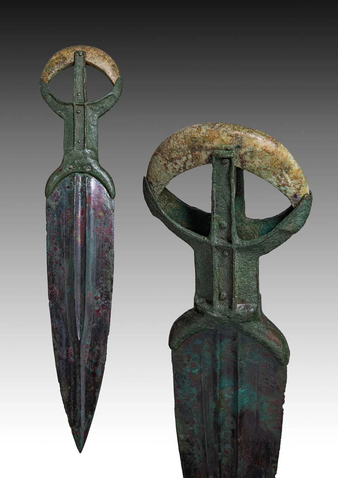 EGYPTIAN BRONZE AND STONE DAGGER WITH OPENWORK POMMEL