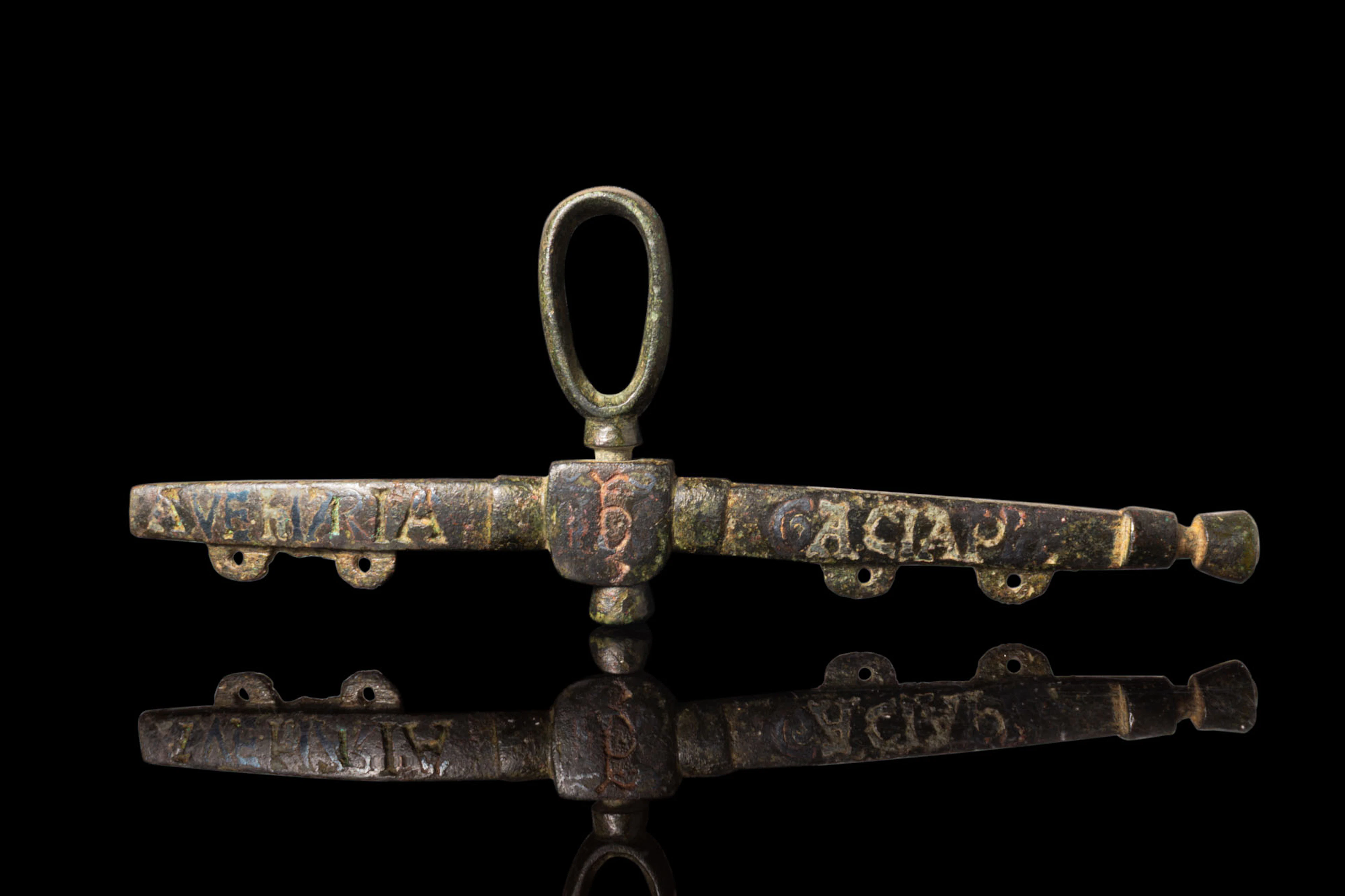 MEDIEVAL BRONZE PURSE BAR INSCRIBED WITH 'AVE MARIA'