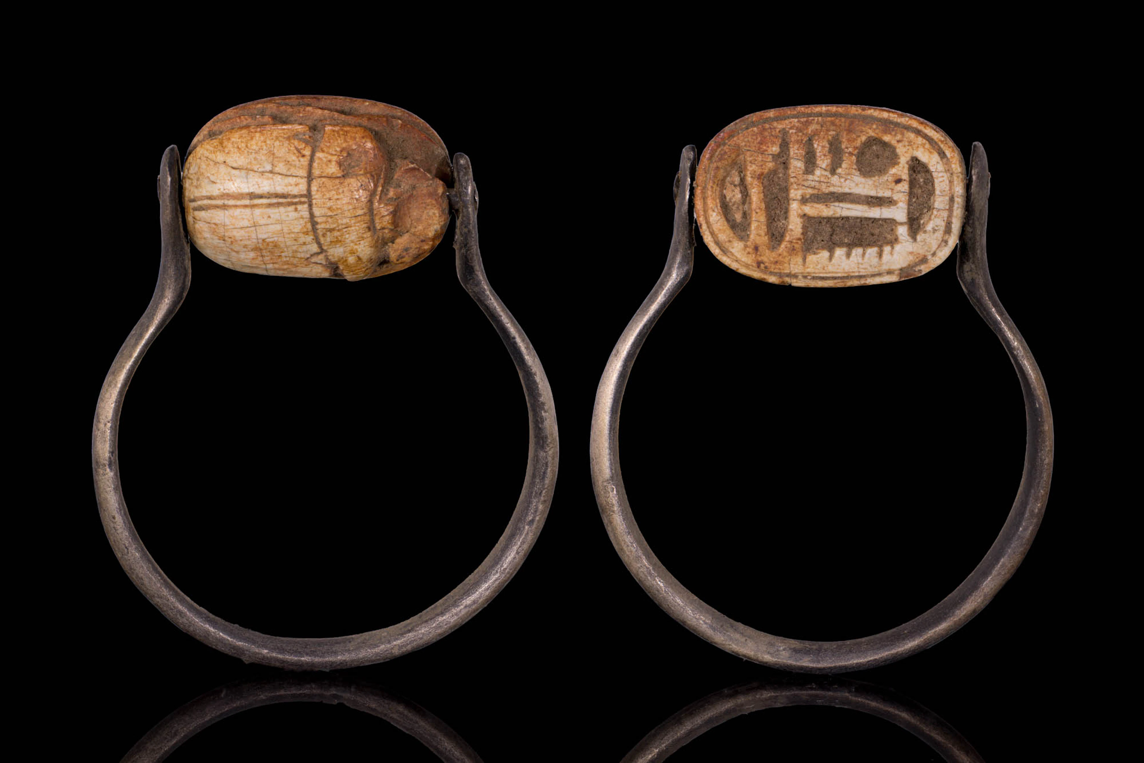EGYPTIAN GLAZED SCARAB WITH SOBEK-RE AND WADJET IN SILVER RING