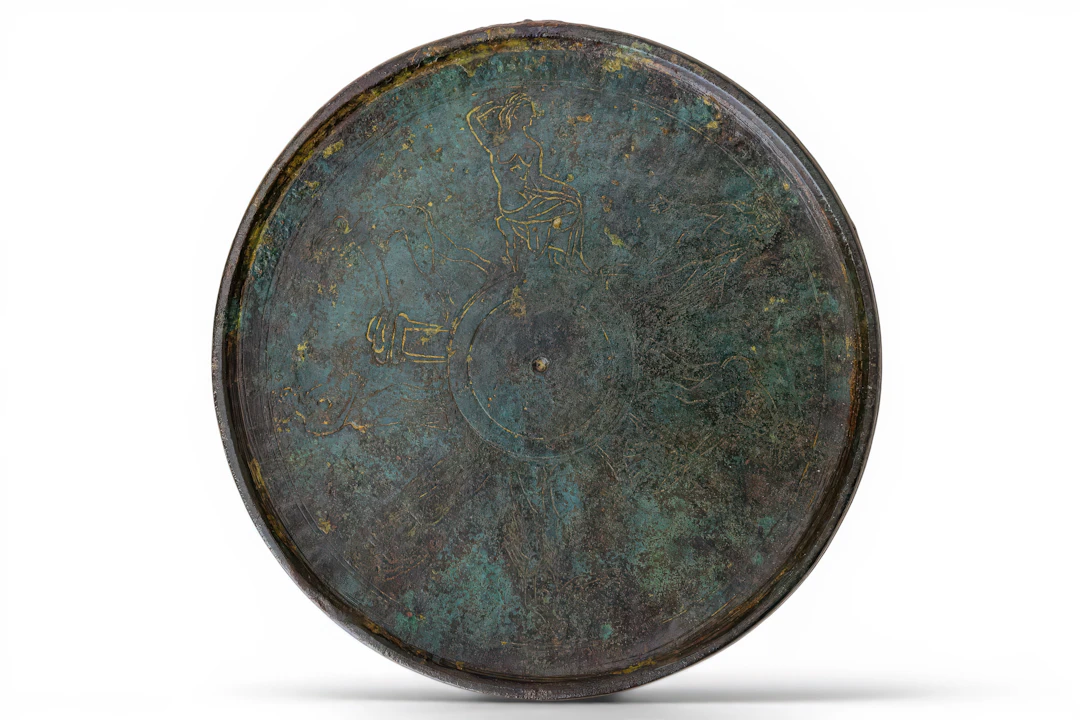 ETRUSCAN BRONZE MIRROR WITH BATH SCENE