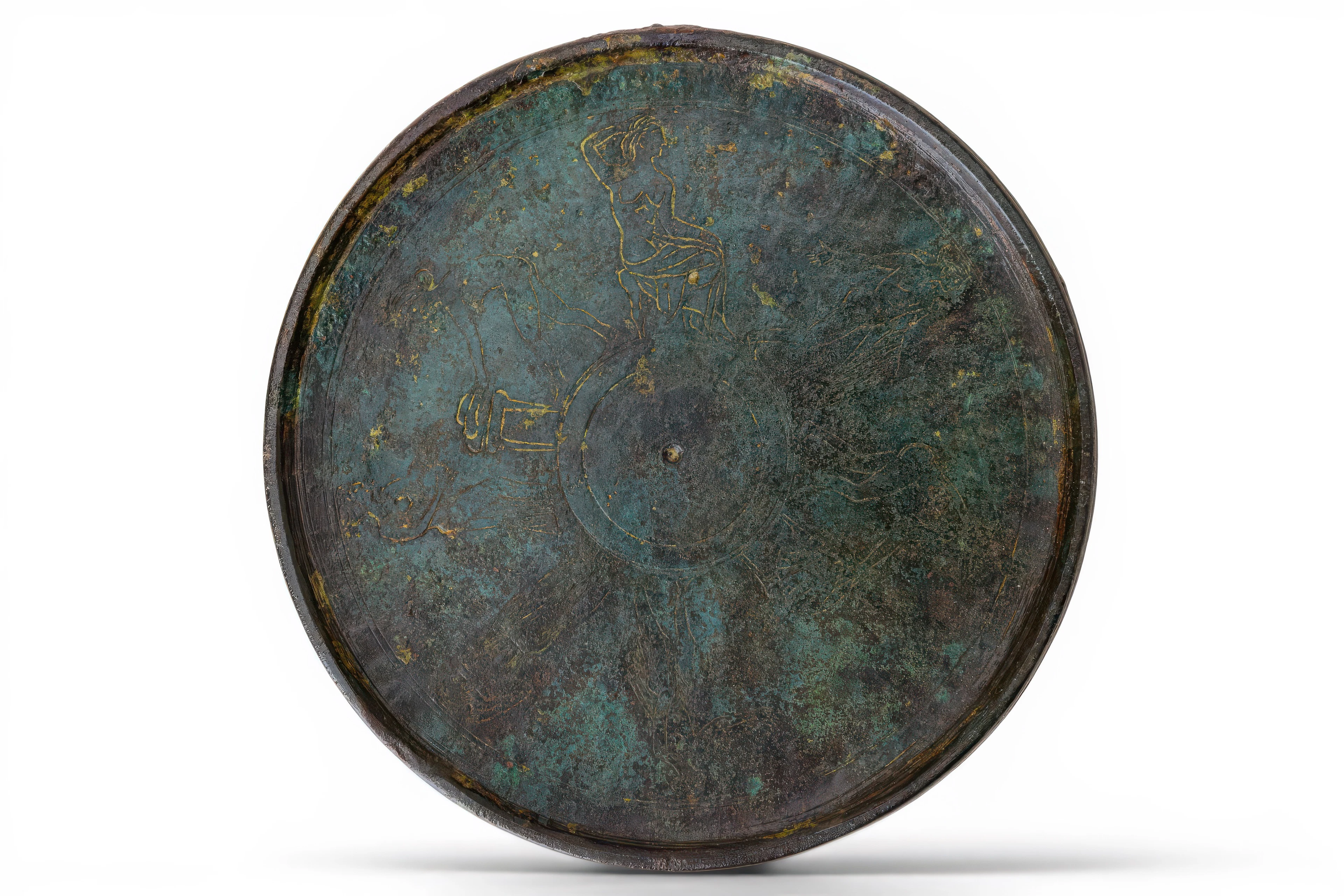 ETRUSCAN BRONZE MIRROR WITH BATH SCENE