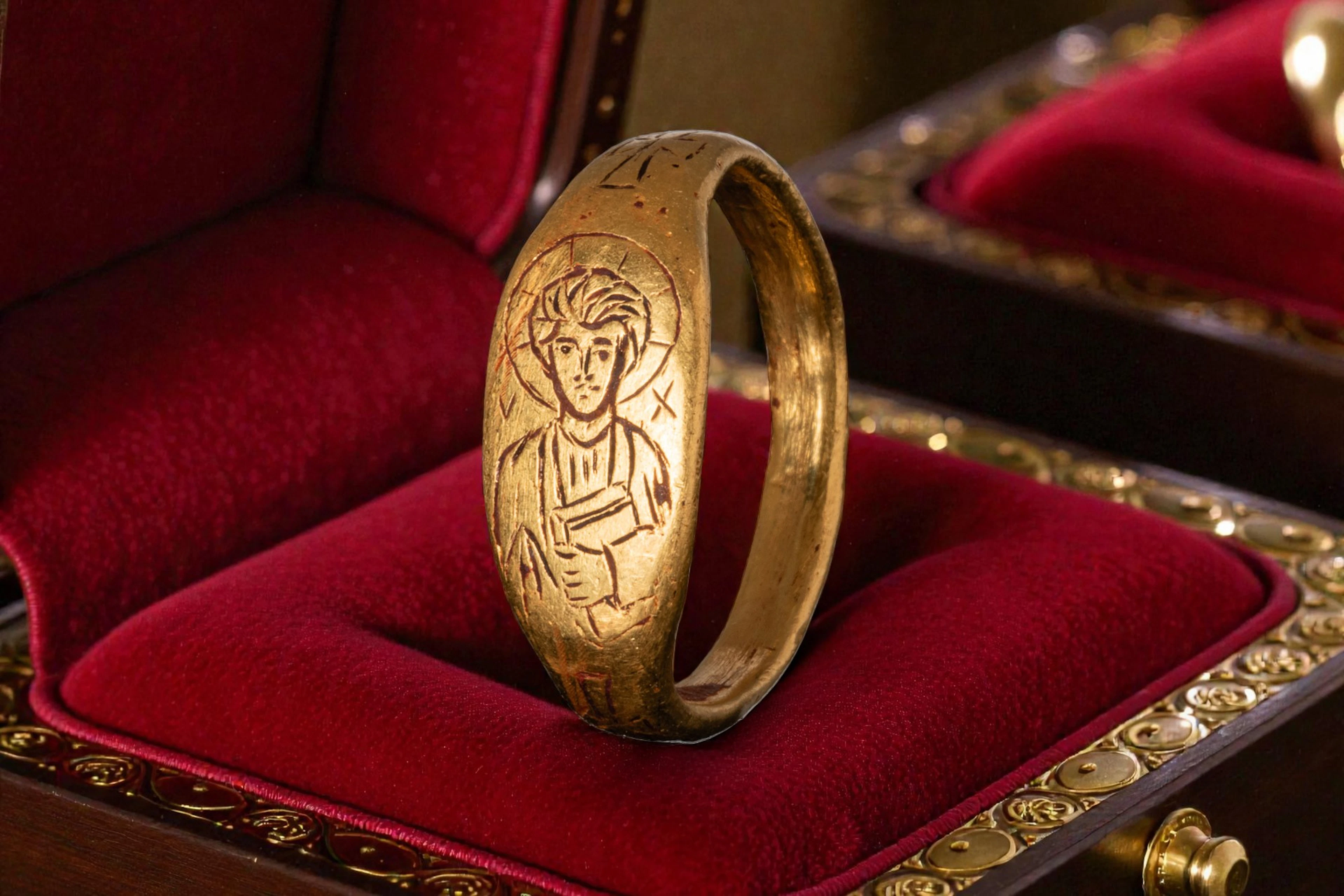 RARE BYZANTINE HIGH KARAT GOLD AND NIELLO RING WITH BUST OF CHRIST AND CROSSES