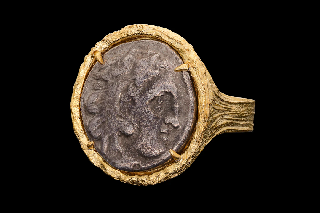 SILVER DRACHM OF ALEXANDER THE GREAT IN GOLD-PLATED STERLING SILVER RING