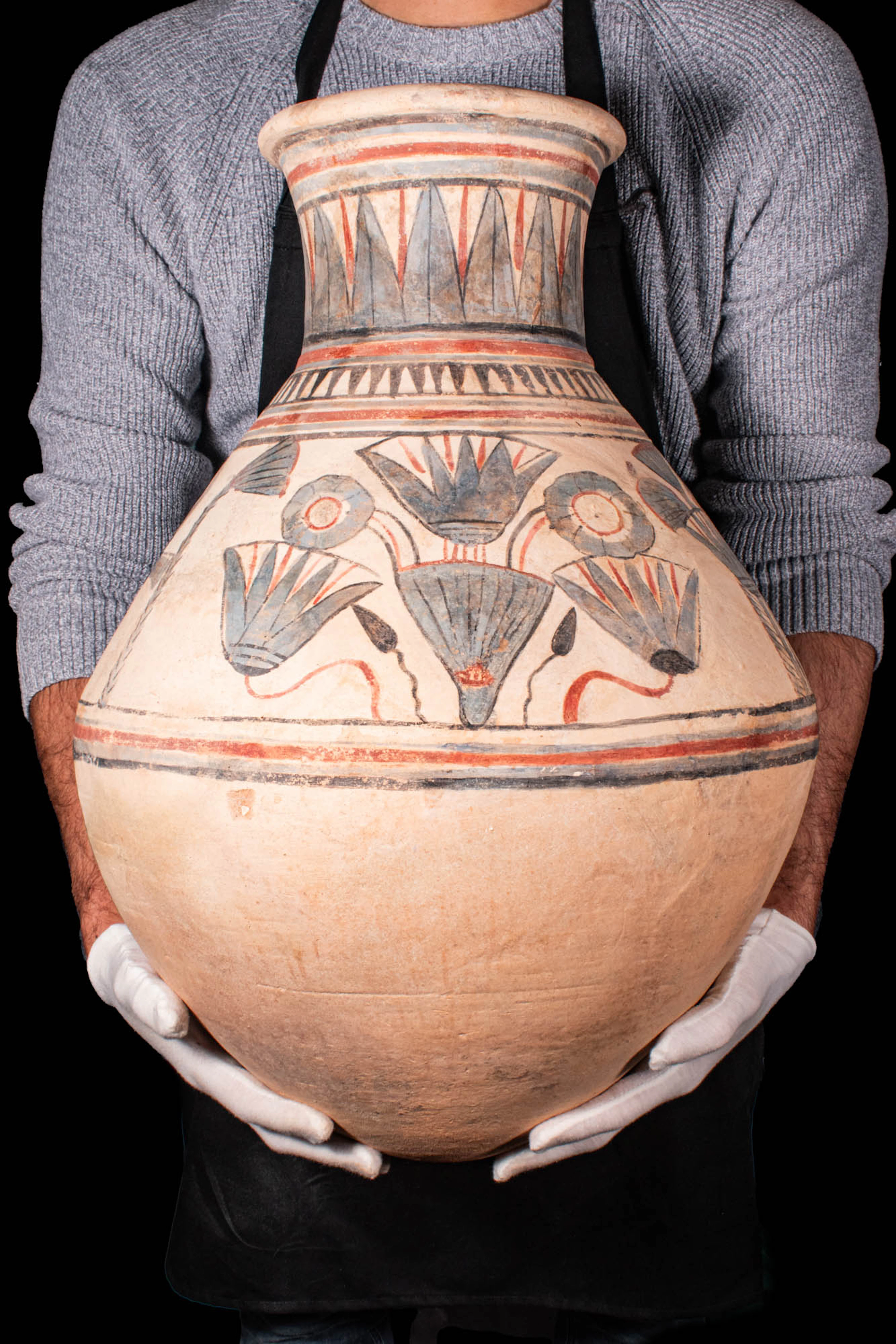 EGYPTIAN PAINTED POTTERY JAR WITH LOTUS FLOWERS, PAPYRUS STEMS AND ANKHS
