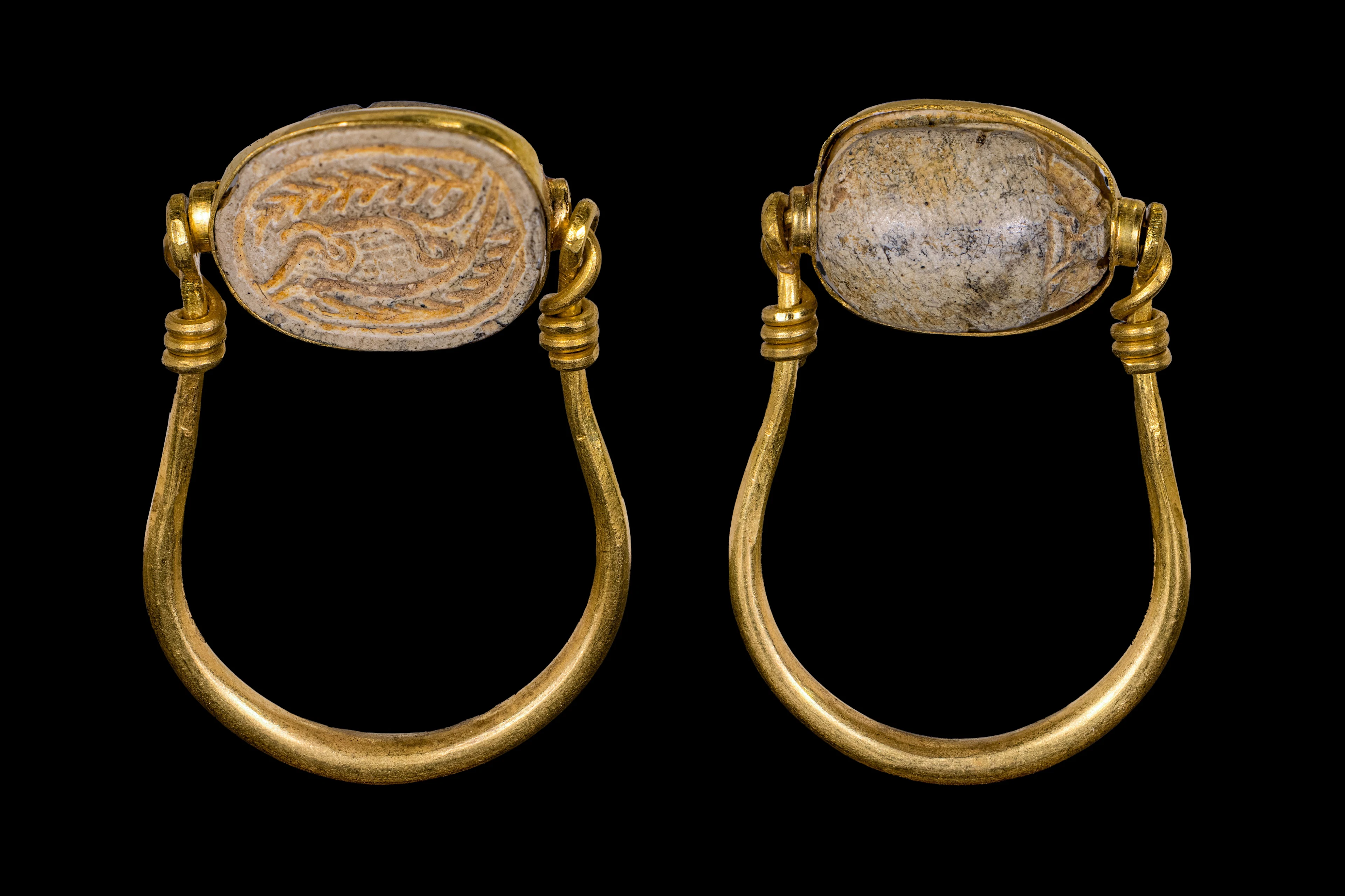 EGYPTIAN STONE SCARAB WITH PALM BRANCHES IN SWIVEL GOLD RING