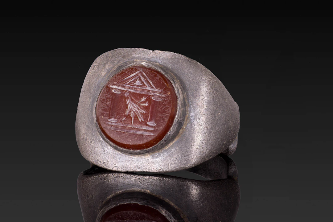 ROMAN CARNELIAN INTAGLIO OF AN EAGLE WITHIN A NAISKOS IN SILVER RING