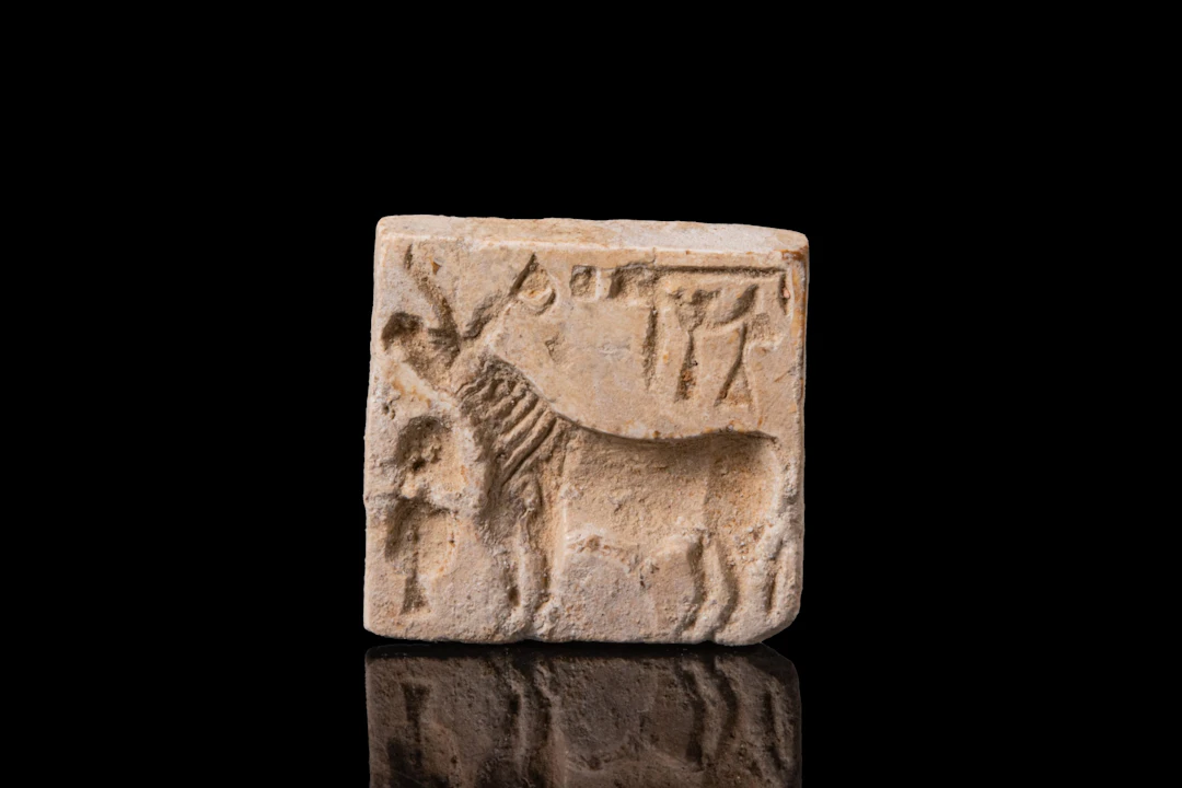 INDUS VALLEY WHITE STONE STAMP SEAL WITH BISON AND SCRIPT - WITH ORIGINAL