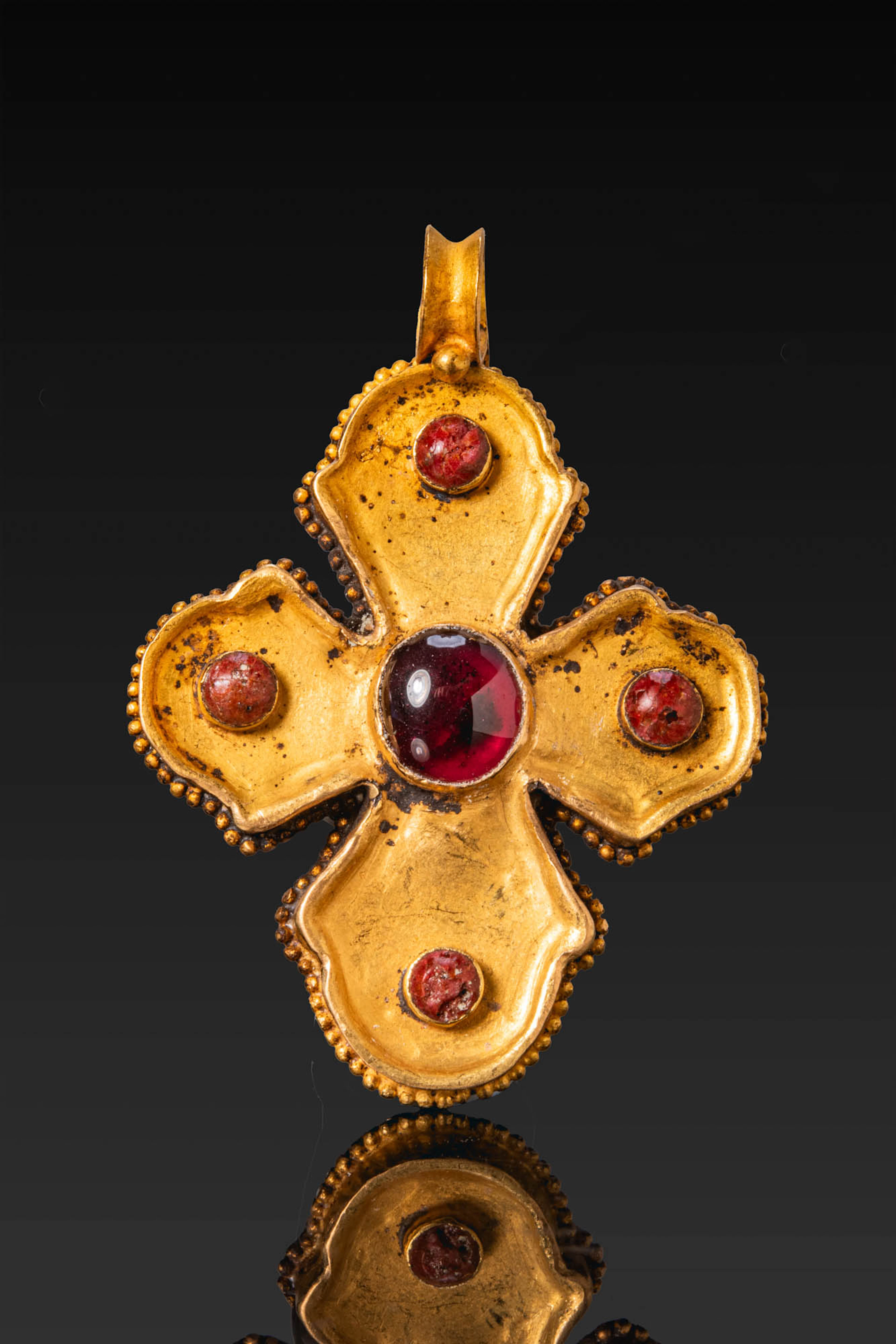BYZANTINE GOLD CROSS PENDANT WITH GARNET AND GLASS CABOCHONS