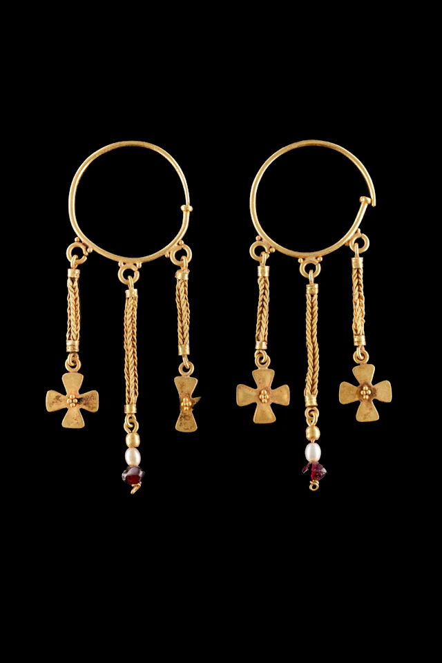 MATCHED PAIR OF BYZANTINE GOLD EARRINGS WITH CROSS PENDANTS, GARNETS AND PEARLS