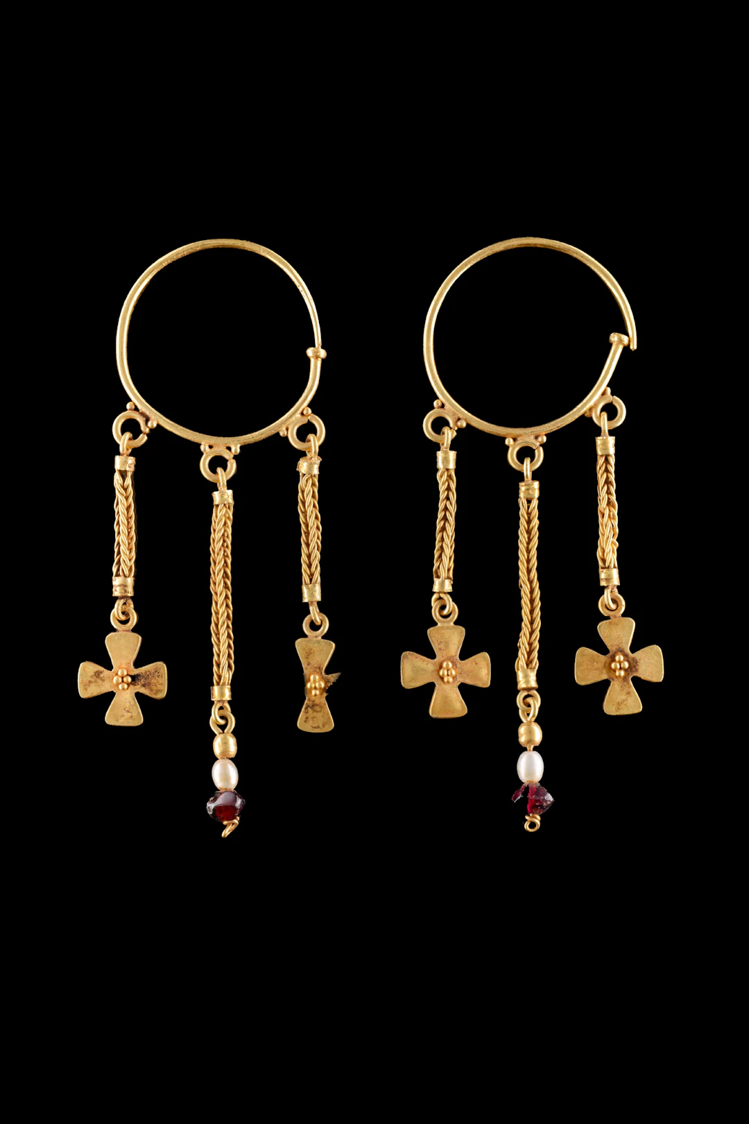 MATCHED PAIR OF BYZANTINE GOLD EARRINGS WITH CROSS PENDANTS, GARNETS AND PEARLS