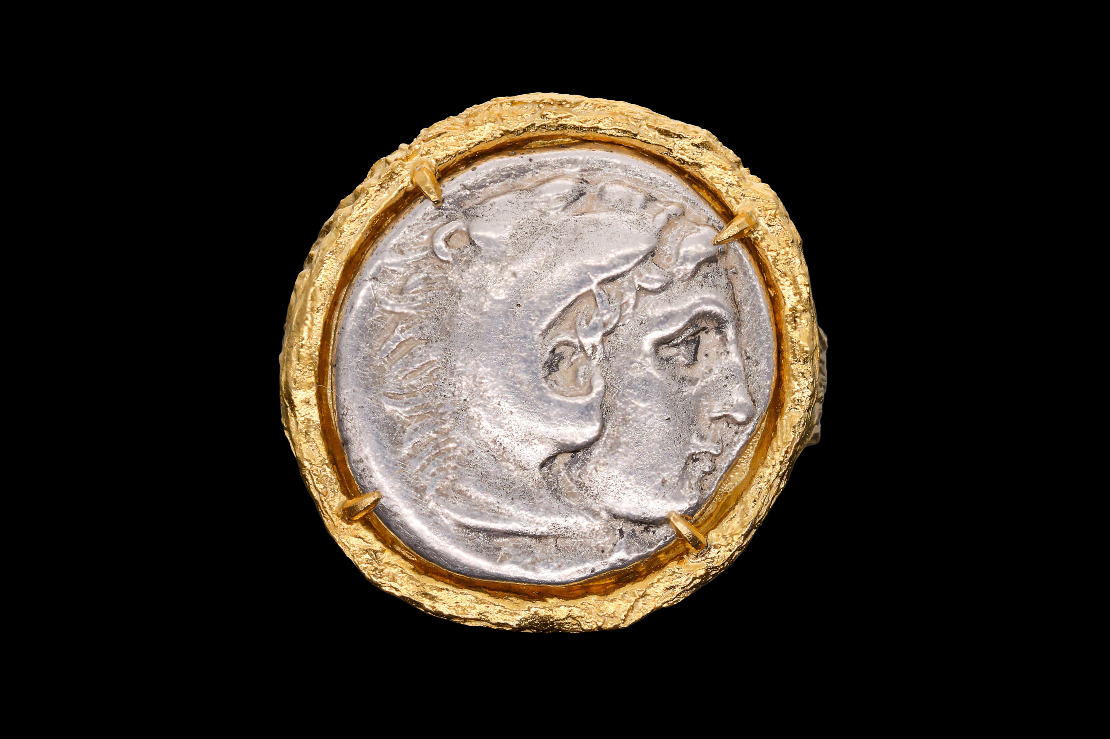 SILVER DRACHM OF ALEXANDER THE GREAT IN GOLD-PLATED STERLING SILVER RING