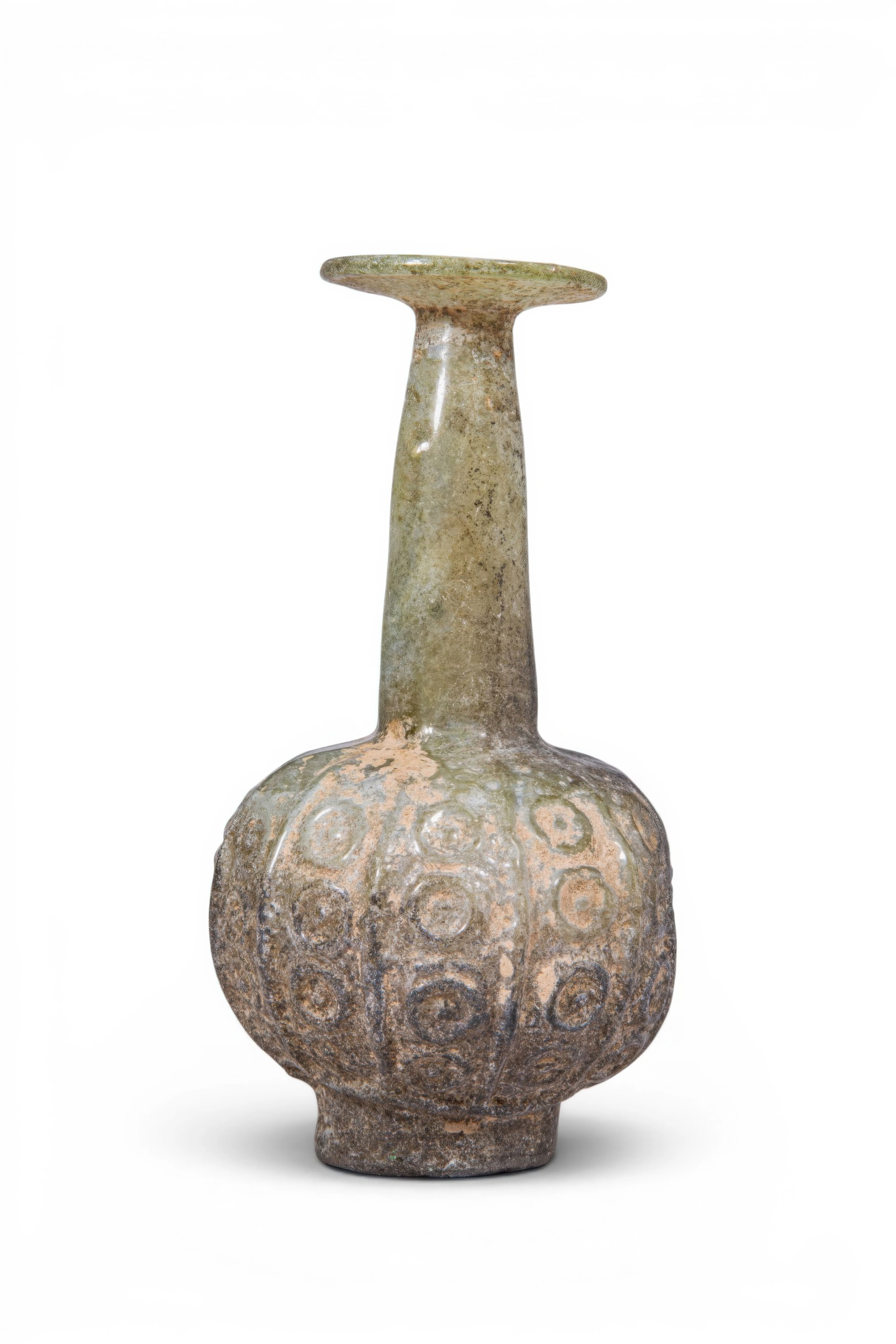 LARGE UMAYYAD GLASS FLASK WITH STAMPED DECORATION