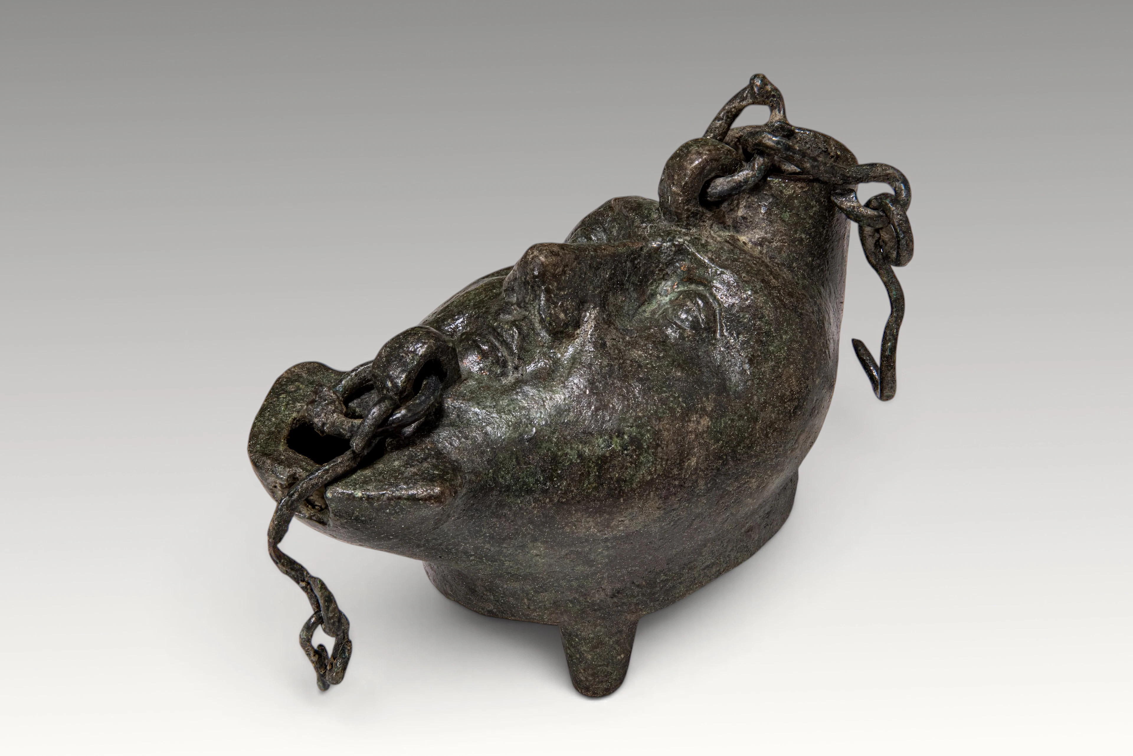 RARE ROMAN BRONZE MOON-SHAPED OIL LAMP