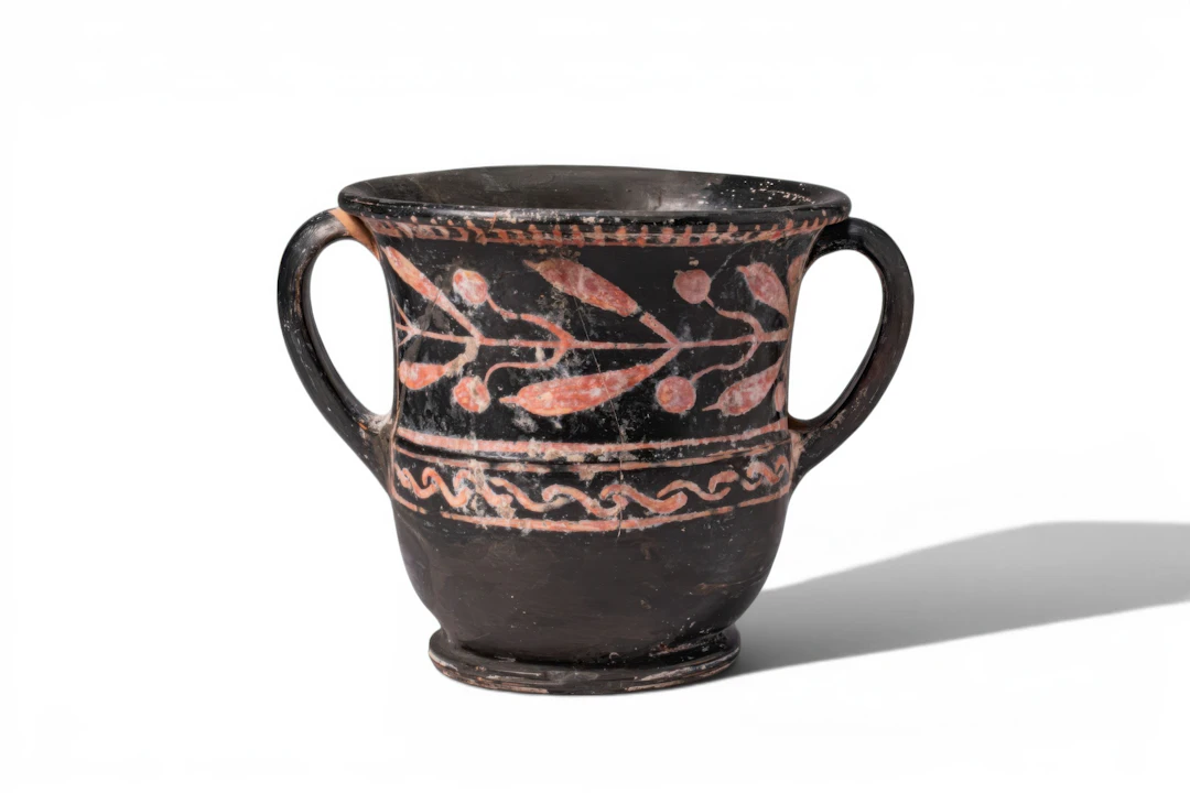 GREEK RED-FIGURE SESSILE KANTHAROS WITH LAUREL LEAVES