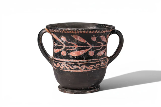 GREEK RED-FIGURE SESSILE KANTHAROS WITH LAUREL LEAVES
