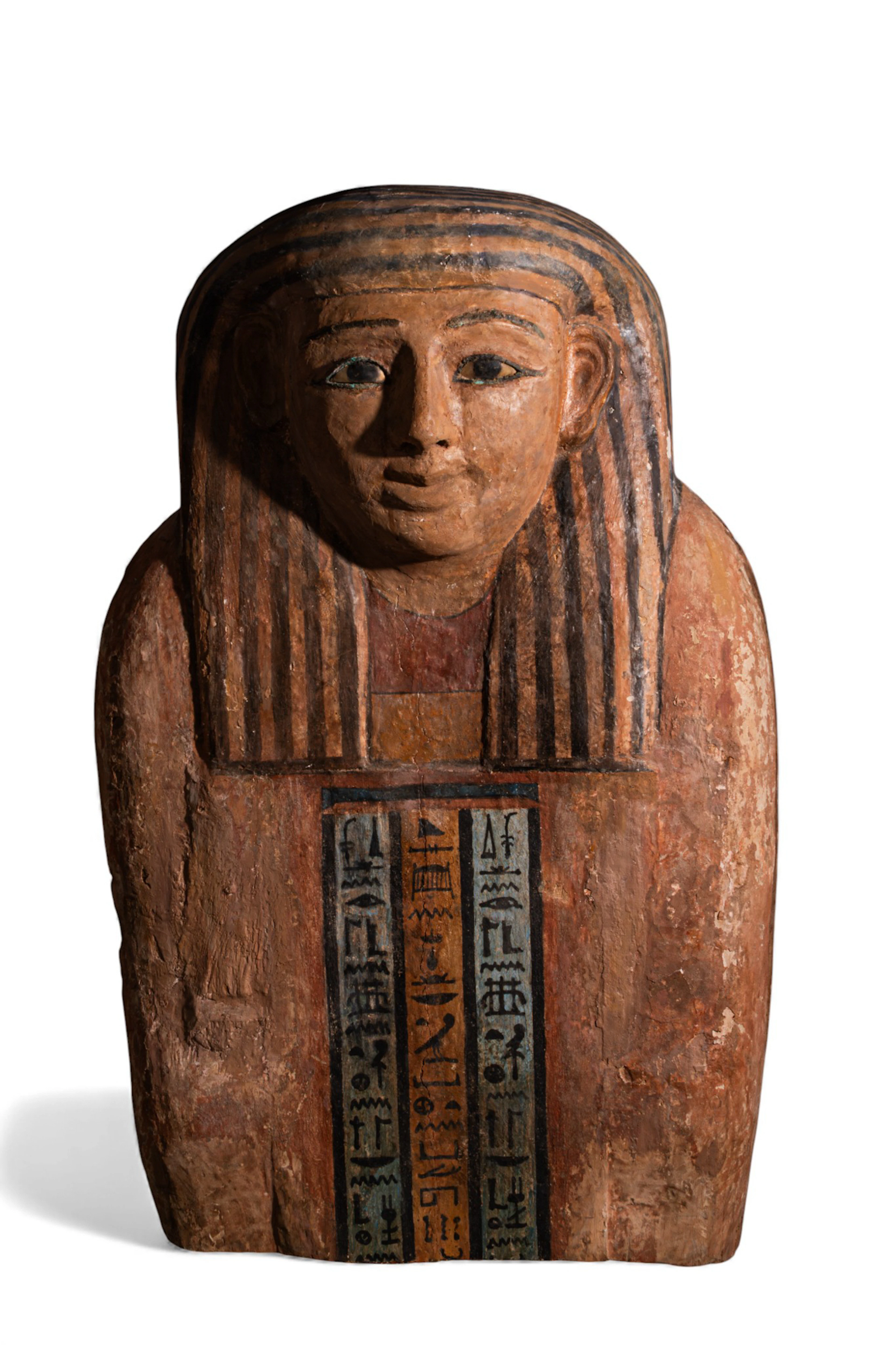 LARGE EGYPTIAN PAINTED WOOD ANTHROPOID COFFIN LID