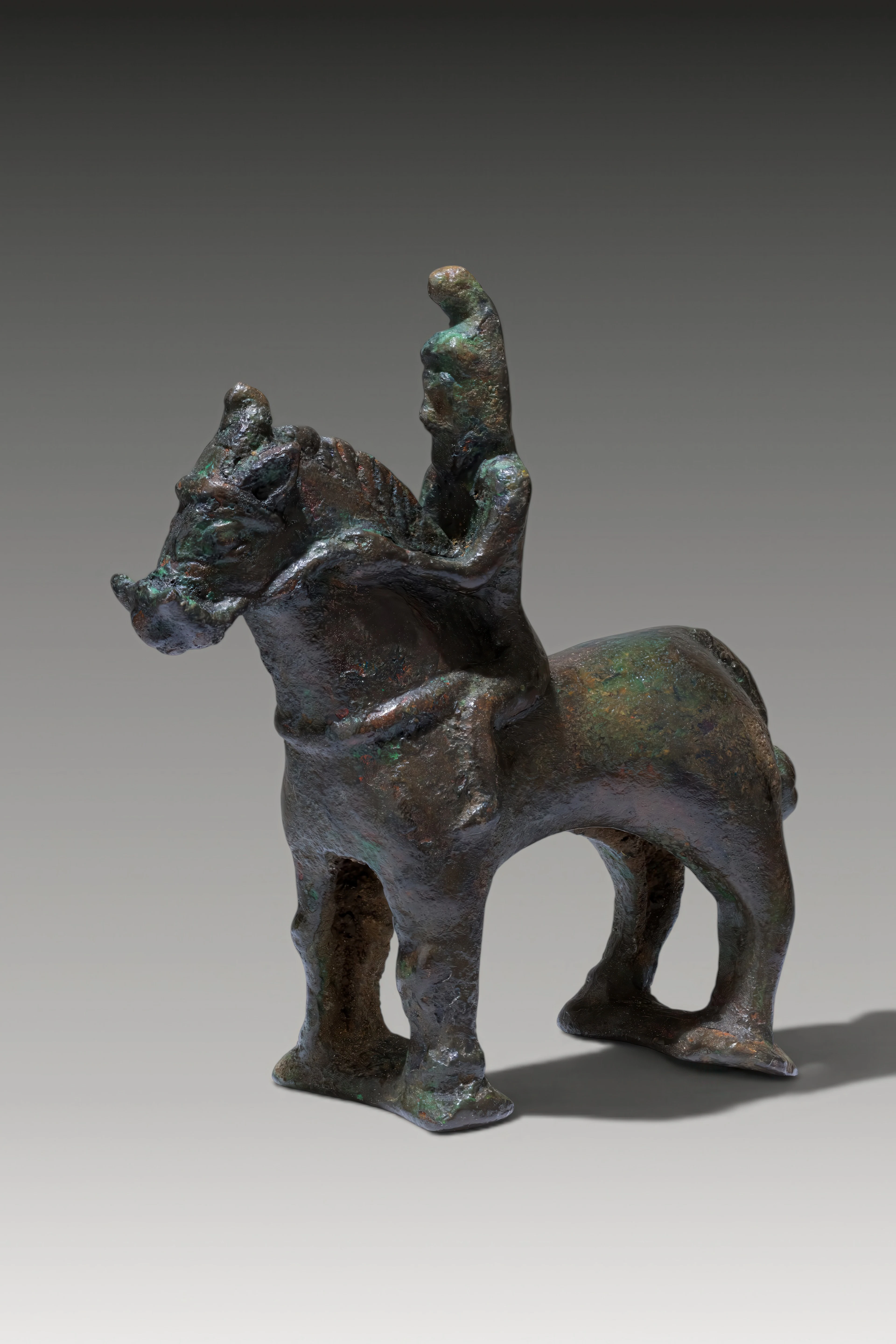 RARE CYPRIOT BRONZE MODEL OF RIDER ON HORSE