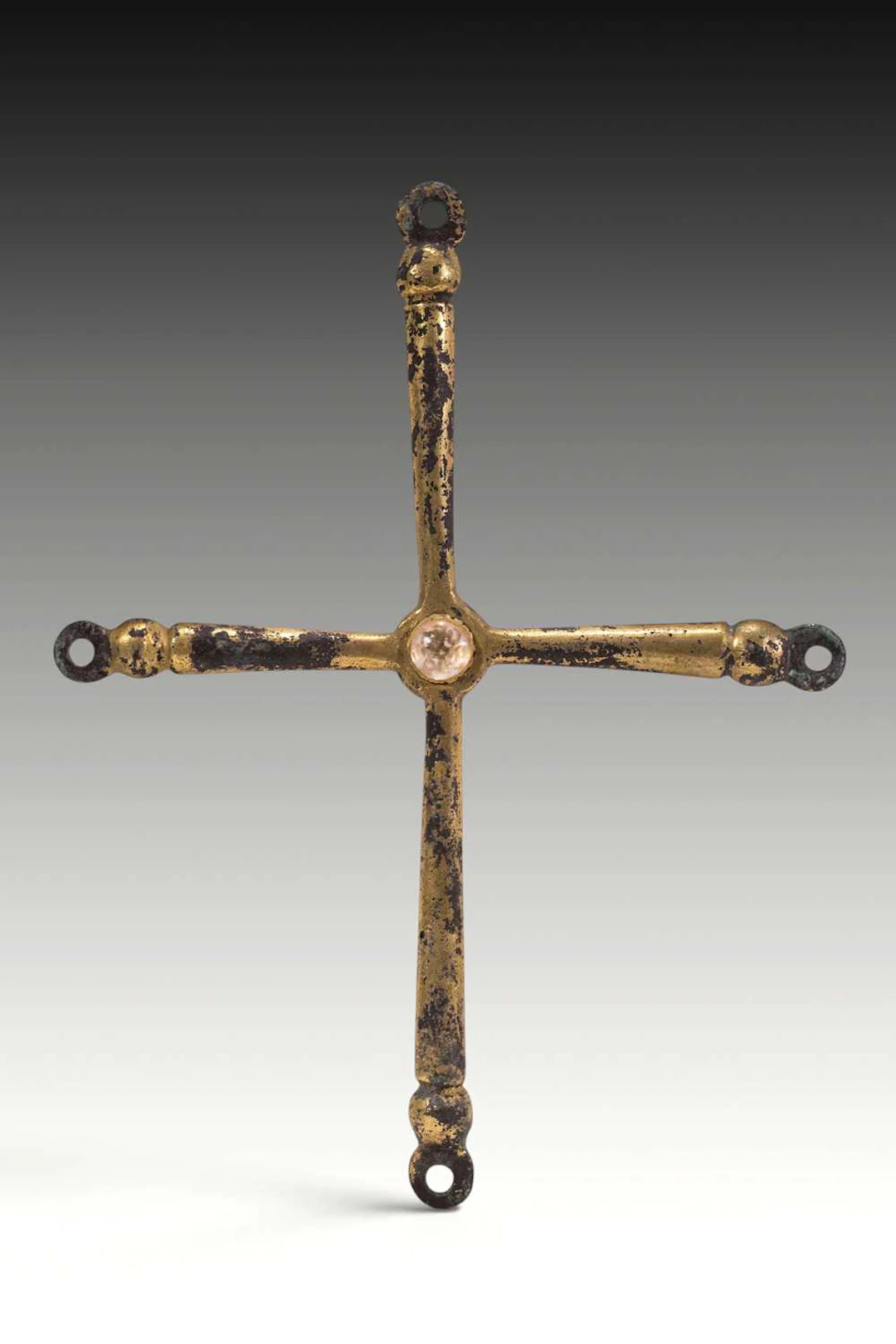 LARGE BYZANTINE GILT-BRONZE CROSS WITH CENTRAL ROCK CRYSTAL CABOCHON