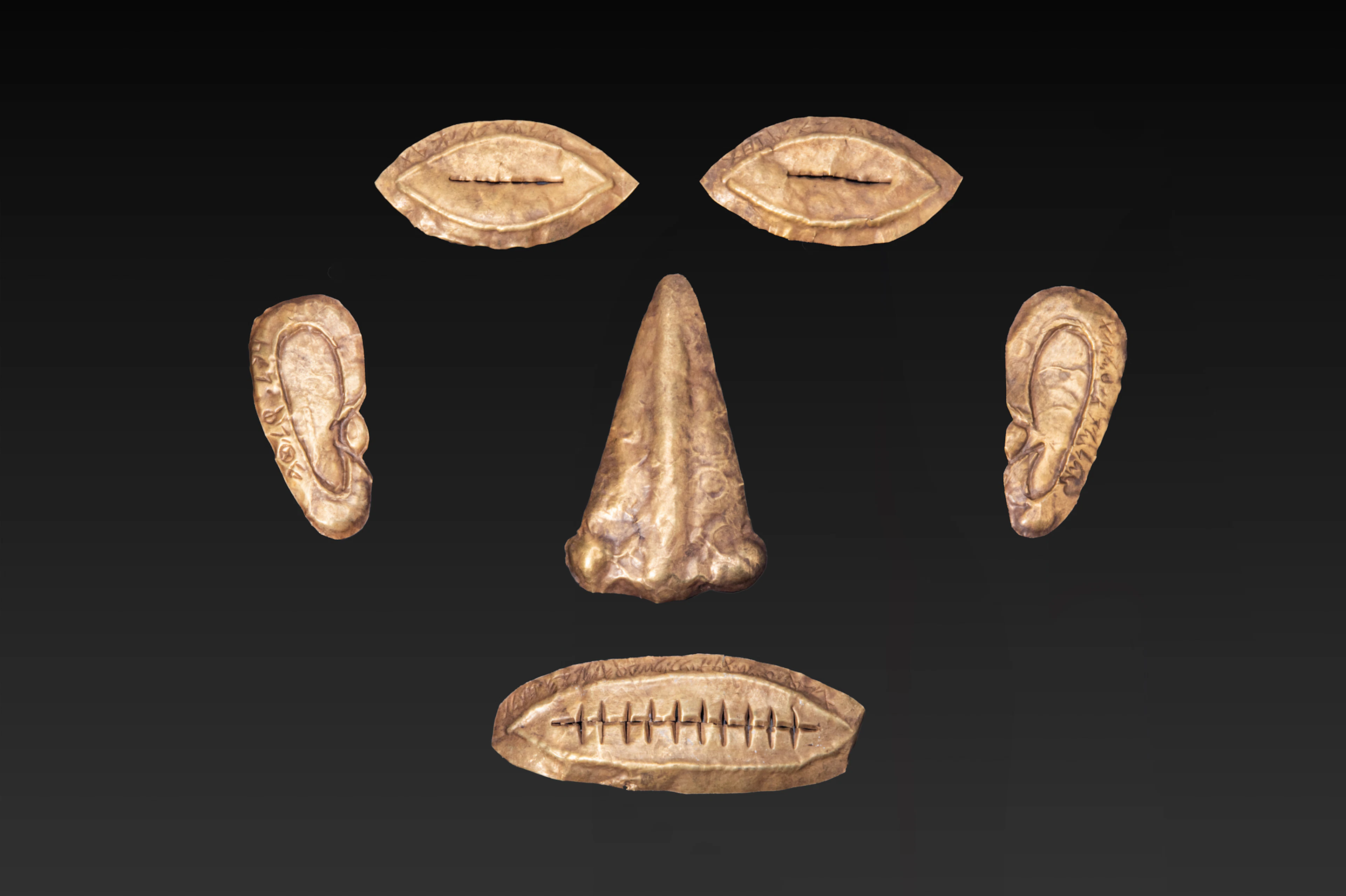 RARE GREEK GOLD MASK WITH INSCRIPTIONS