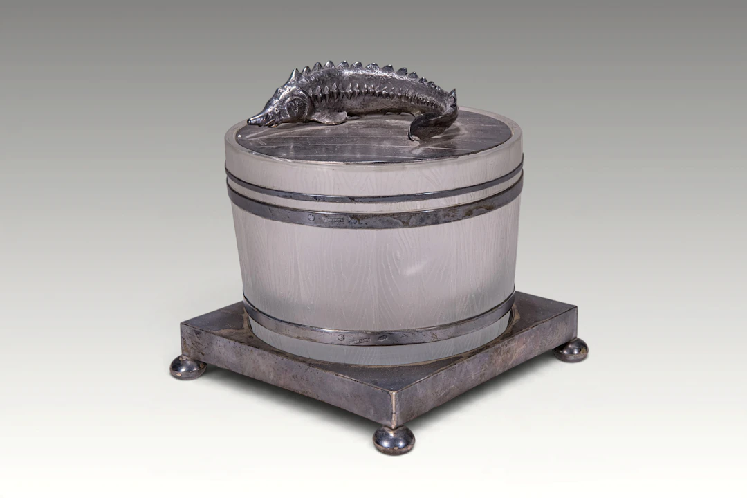 SILVER MOUNTED GLASS TROMPE-L'OEIL CAVIAR POT