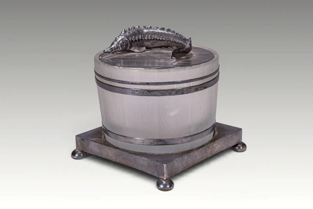 SILVER MOUNTED GLASS TROMPE-L'OEIL CAVIAR POT