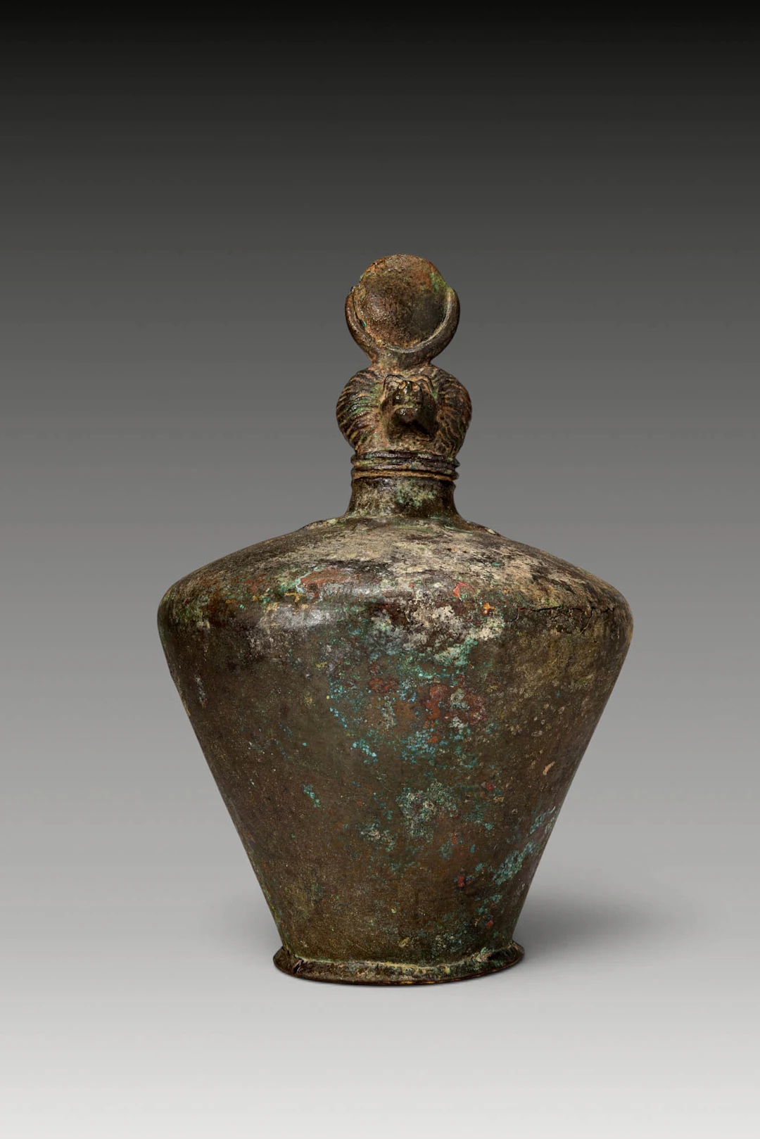 EGYPTIAN BRONZE FLASK WITH A BABOON FINIAL
