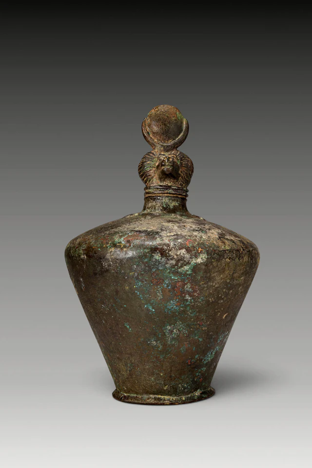 EGYPTIAN BRONZE FLASK WITH A BABOON FINIAL
